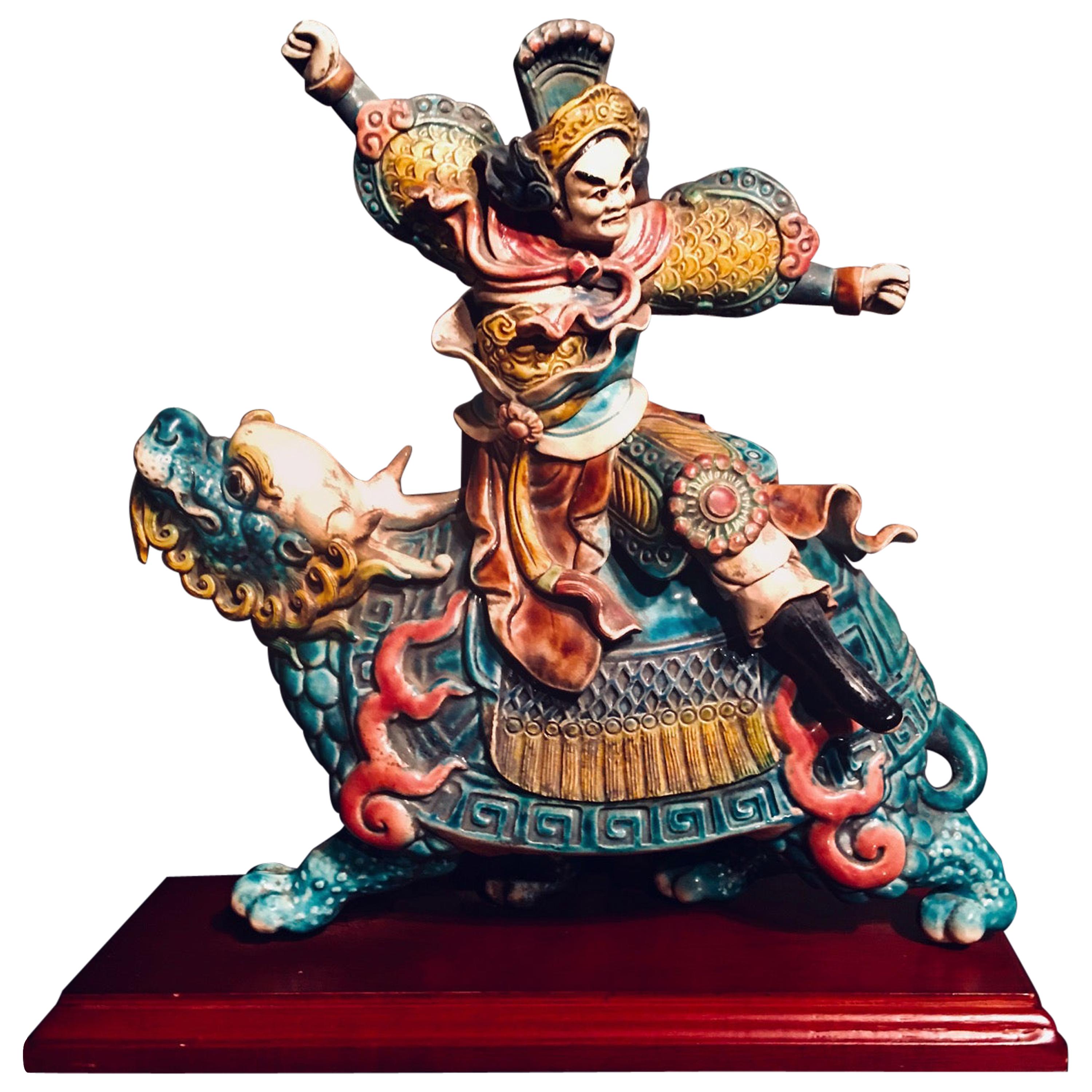 Chinese Early 20th C. Glazed Porcelain Roof Tile of a Warrior on a Dragon Turtle For Sale