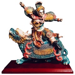 Used Chinese Early 20th C. Glazed Porcelain Roof Tile of a Warrior on a Dragon Turtle