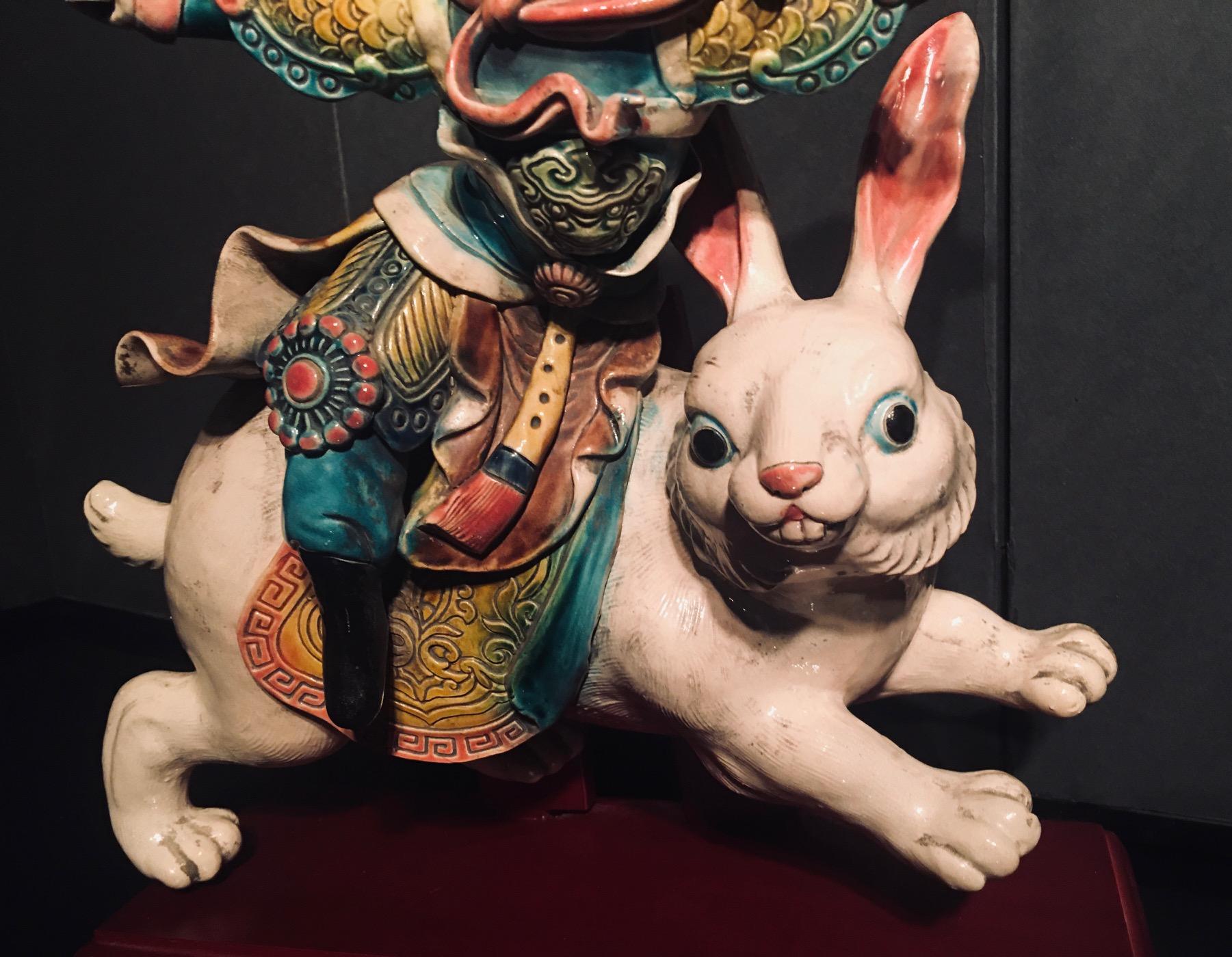 Chinese glazed porcelain roof tile of a warrior riding a rabbit. The manufacture of glazed tiles was standardized in the Ming dynasty and during the Qing dynasty, glazed tiles became ever more popular for top-tier buildings, including palace halls