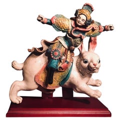 Chinese Early 20th Century Glazed Porcelain Roof Tile of a Warrior on a Rabbit