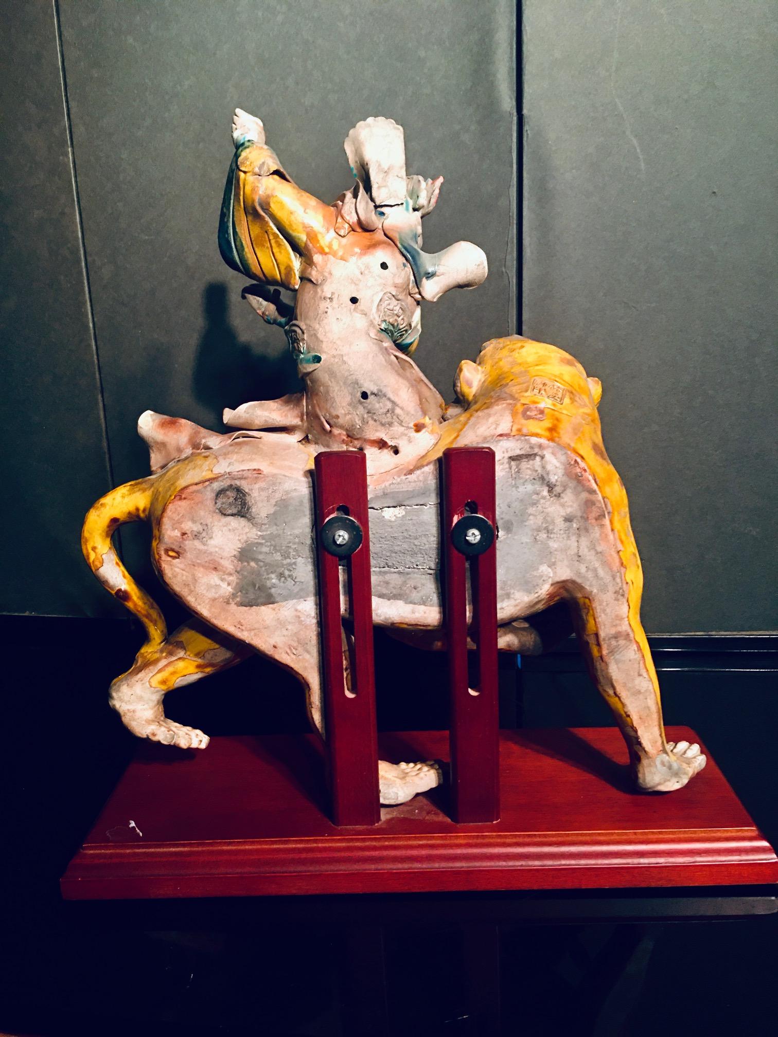20th Century Chinese Early 20th C. Glazed Porcelain Roof Tile of a Warrior Riding a Monkey For Sale
