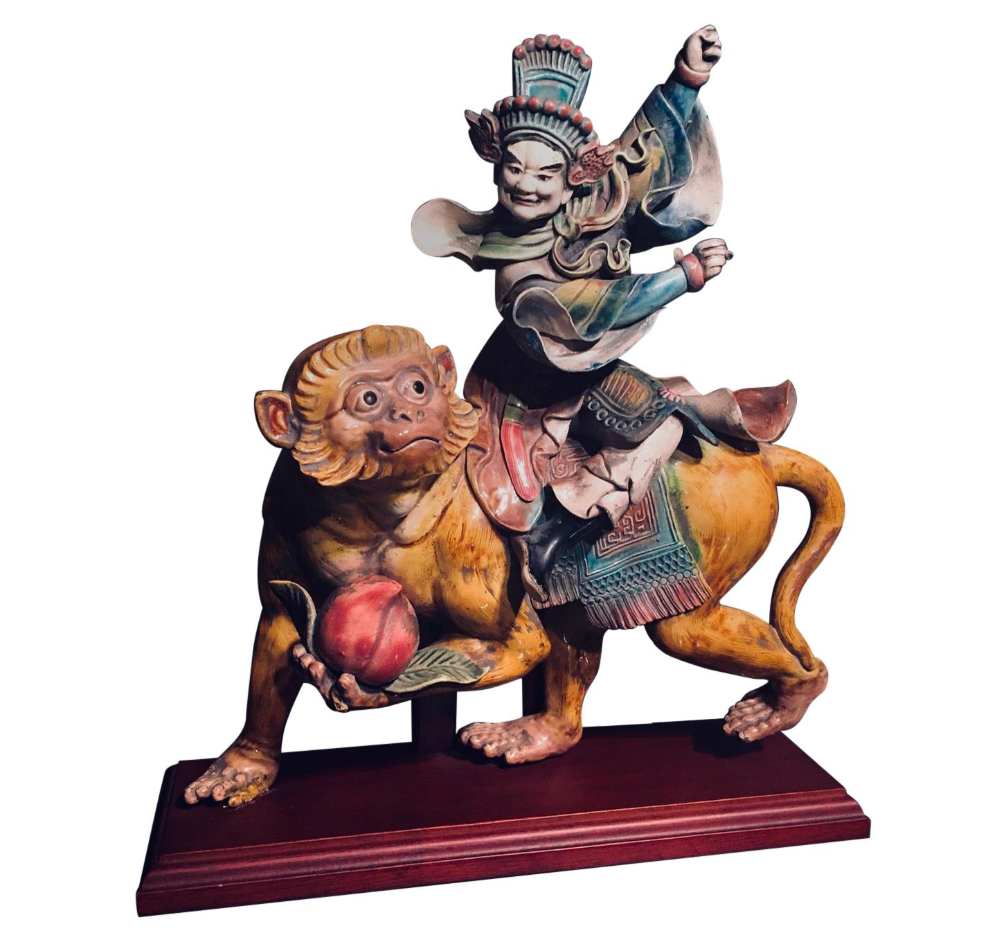 Chinese Early 20th C. Glazed Porcelain Roof Tile of a Warrior Riding a Monkey For Sale