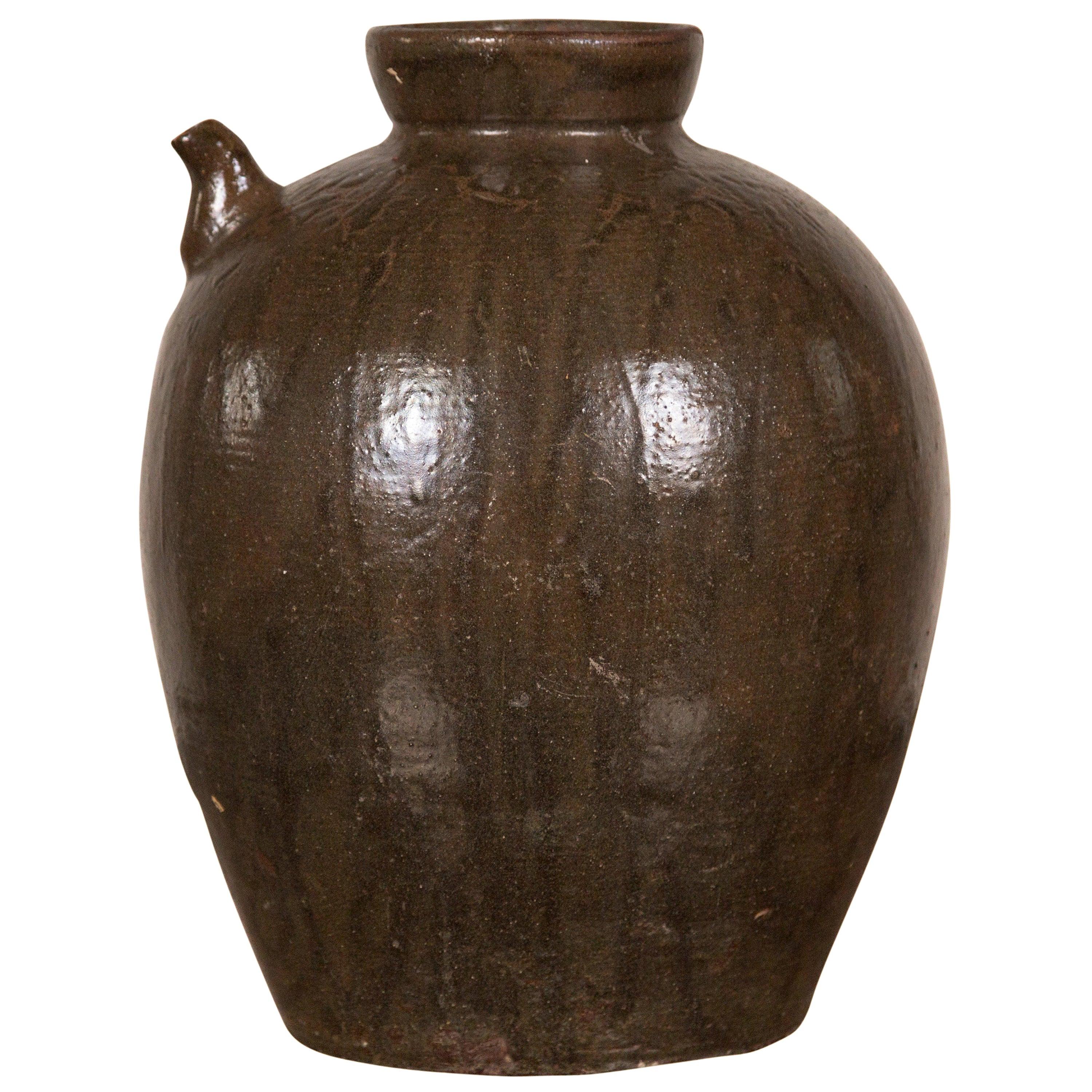 Qing Dynasty Dark Glazed Water Jug Vase with Petite Spout from the 19th Century