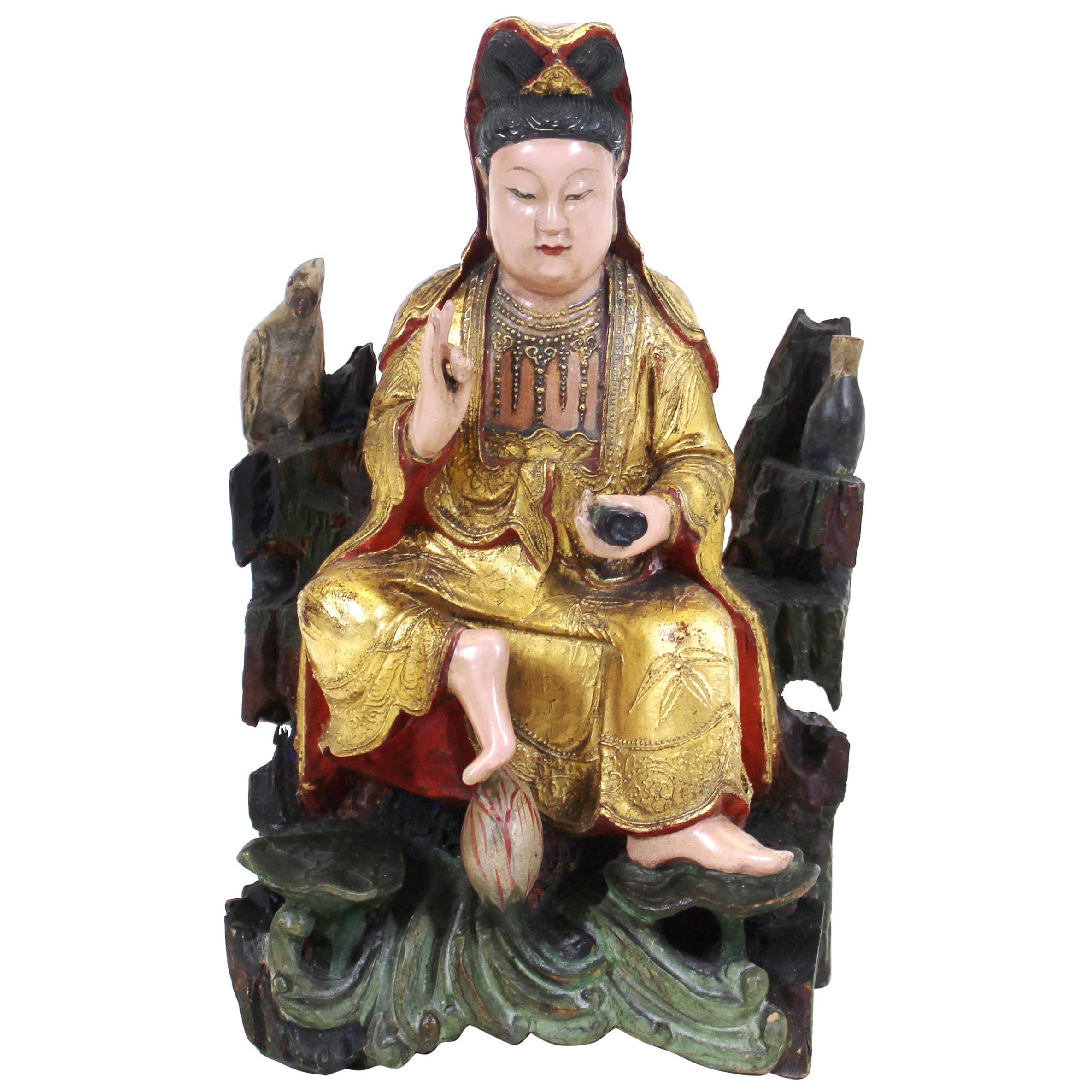 Chinese Qing Dynasty Goddess Quan Yin Wood Sculpture