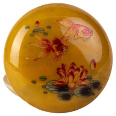 Chinese Qing Dynasty Gold Fish & Lotus Flowers Lidded Paste Box 19th Century 