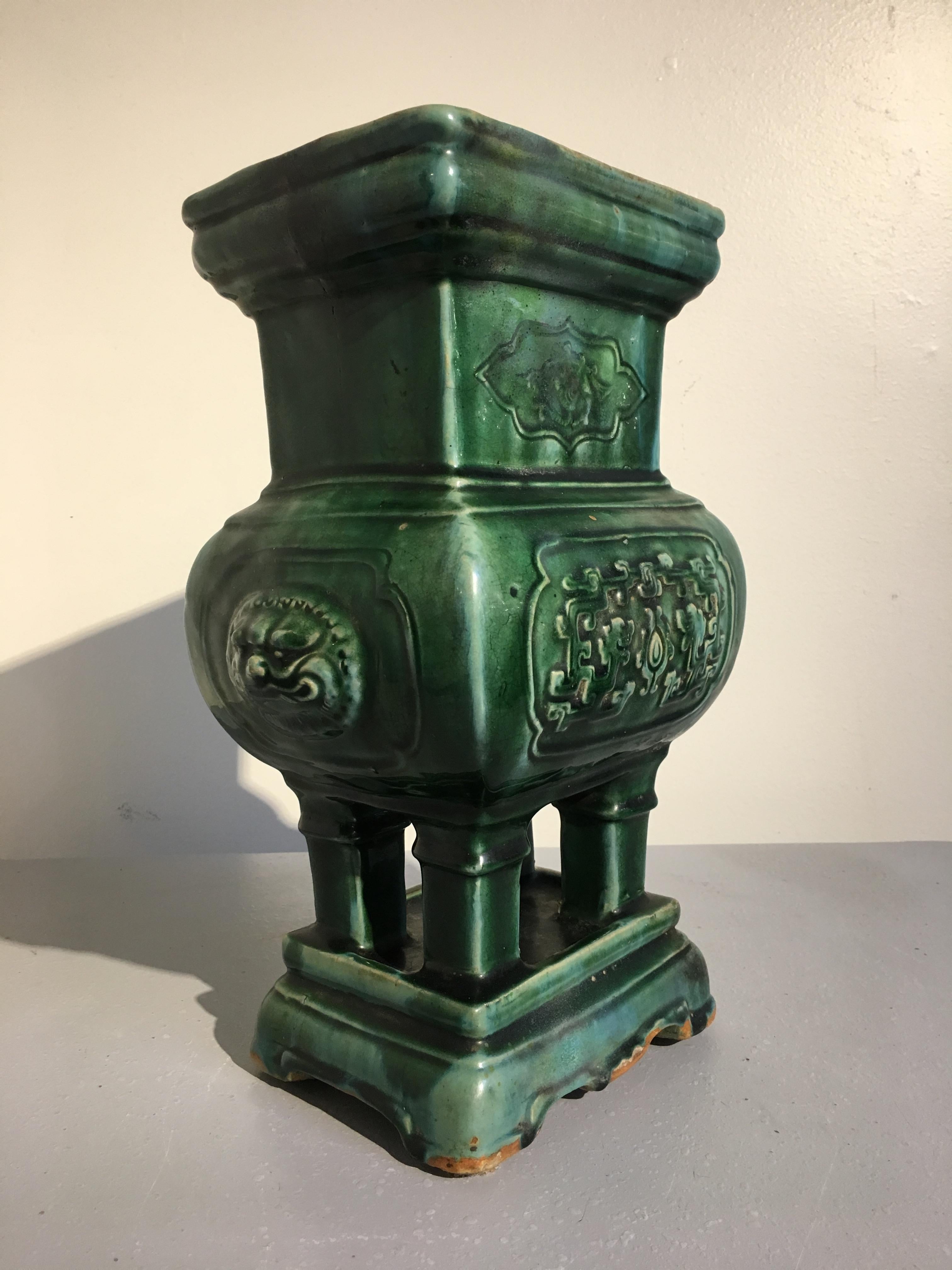 Pottery Chinese Qing Dynasty Green Glazed Incense Burner, Late 19th Century For Sale