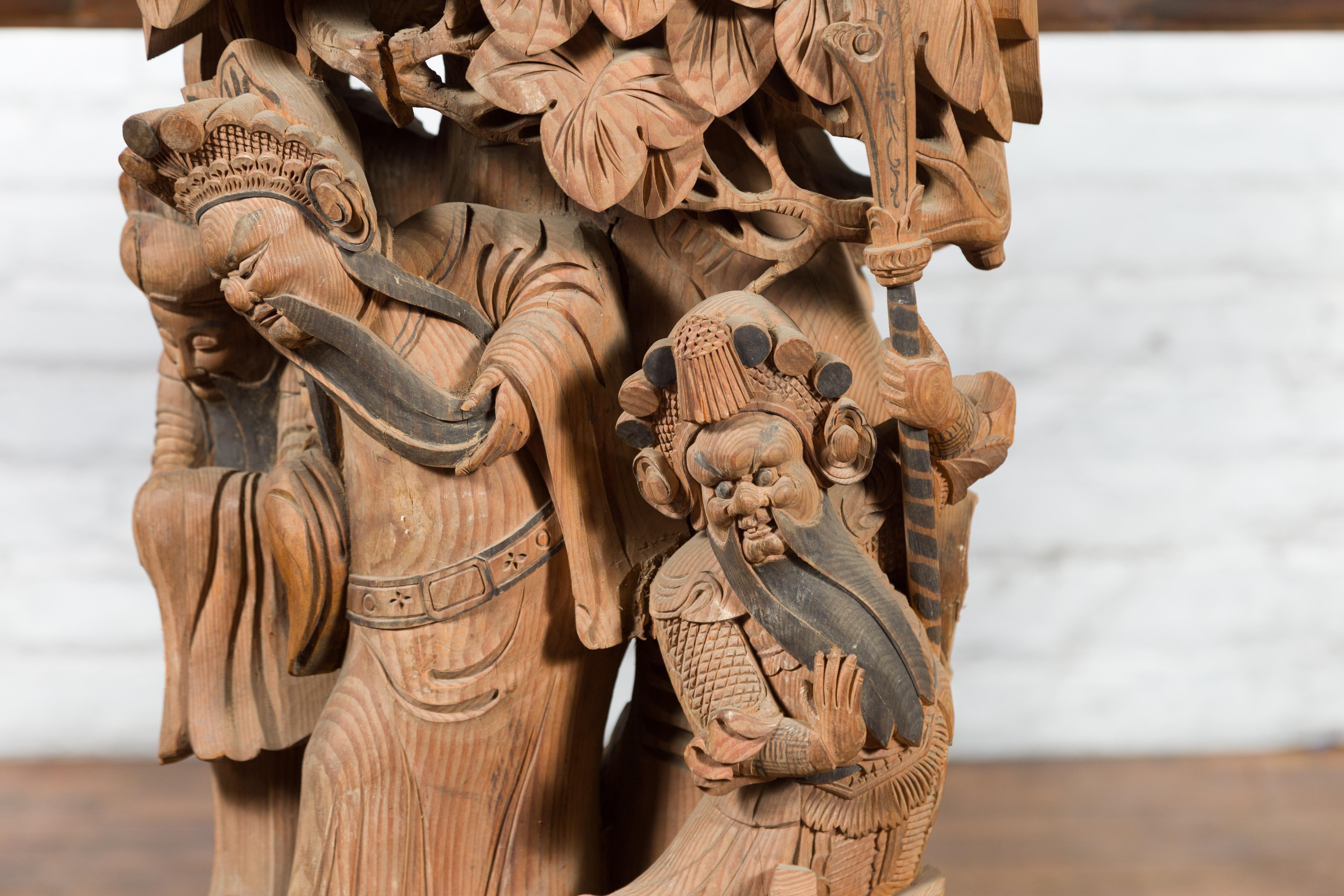 Chinese Qing Dynasty Hand-Carved Wooden Temple Corbel with Detailed Figures For Sale 3