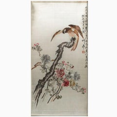Chinese Qing Dynasty Hand-Embroidered Silk Panel in Hongmu Frame