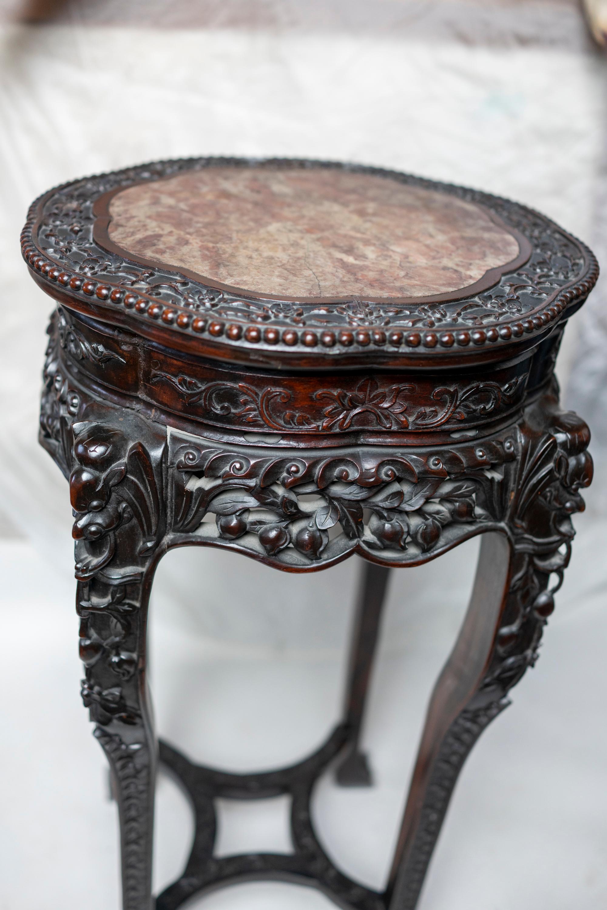 Chinese Qing Dynasty Intricately Carved Hard Wood Pedestal with Marble Inset 5
