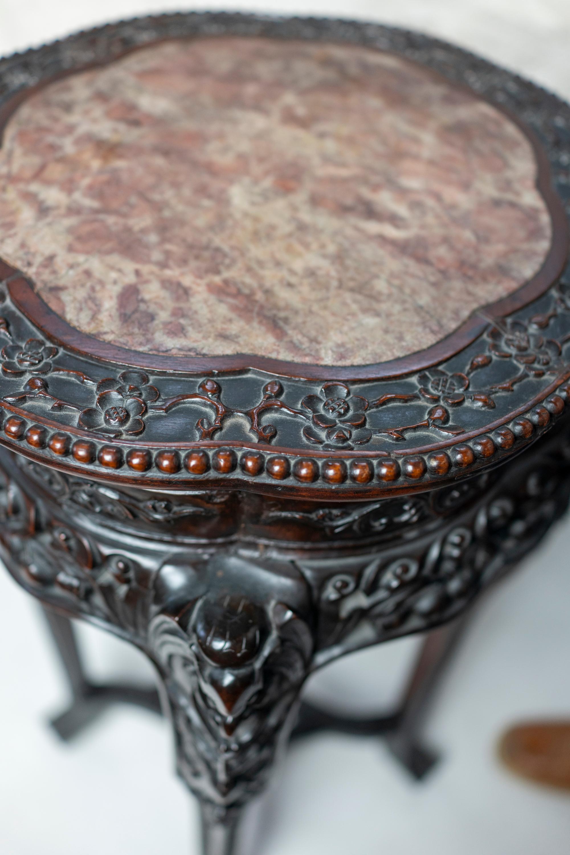 Chinese Qing Dynasty Intricately Carved Hard Wood Pedestal with Marble Inset 6