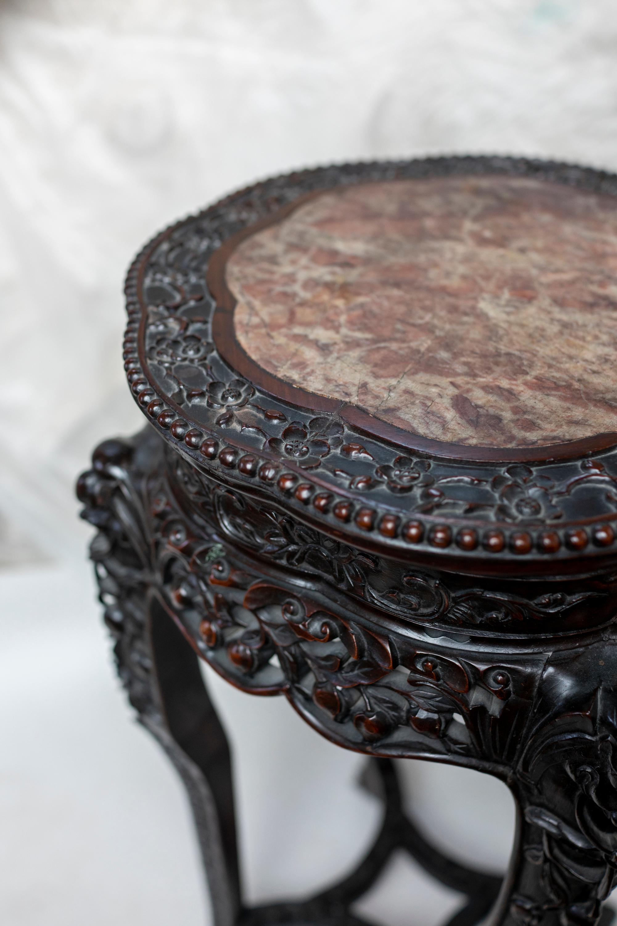 Chinese Qing Dynasty Intricately Carved Hard Wood Pedestal with Marble Inset 7