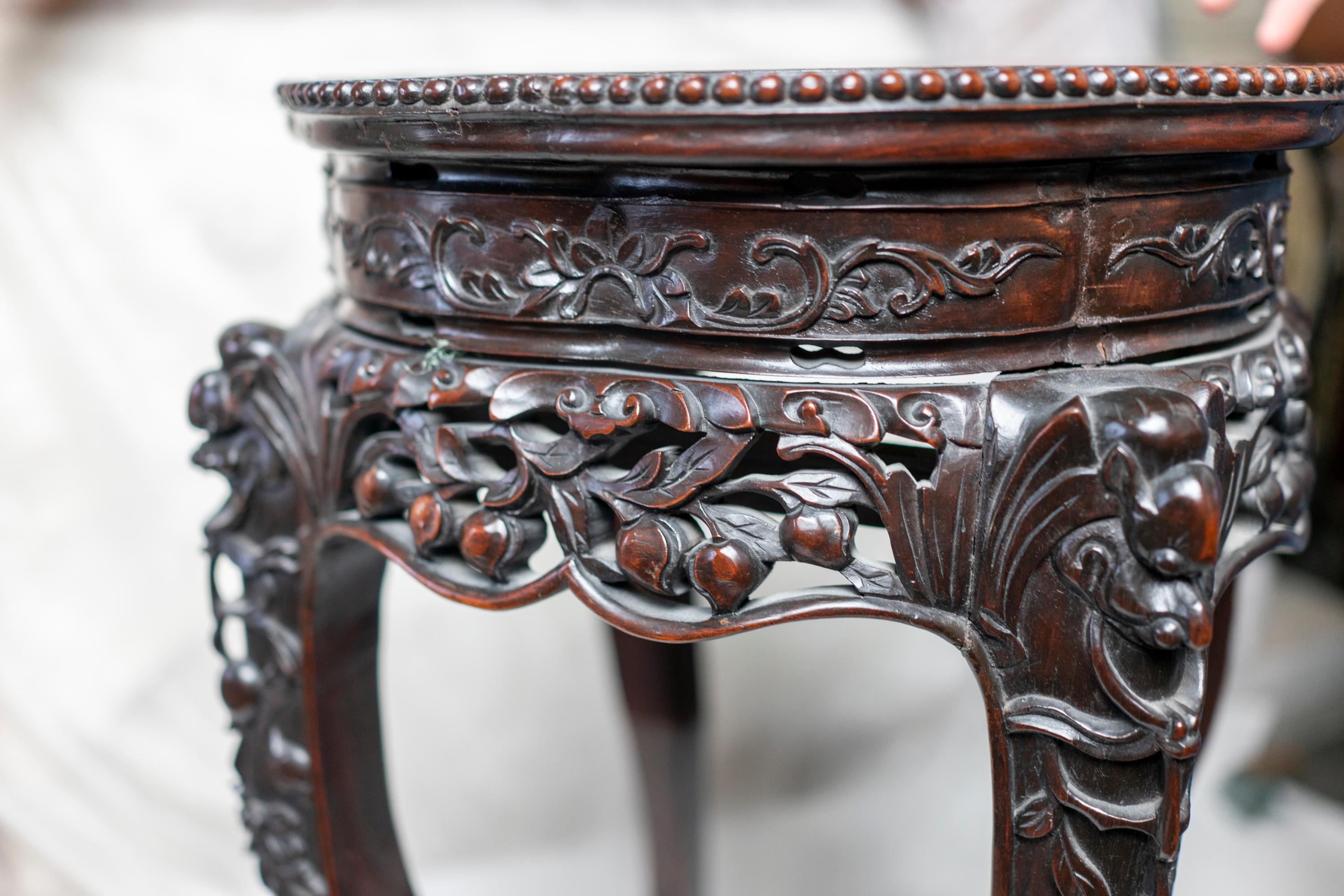 Chinese Qing Dynasty Intricately Carved Hard Wood Pedestal with Marble Inset 8