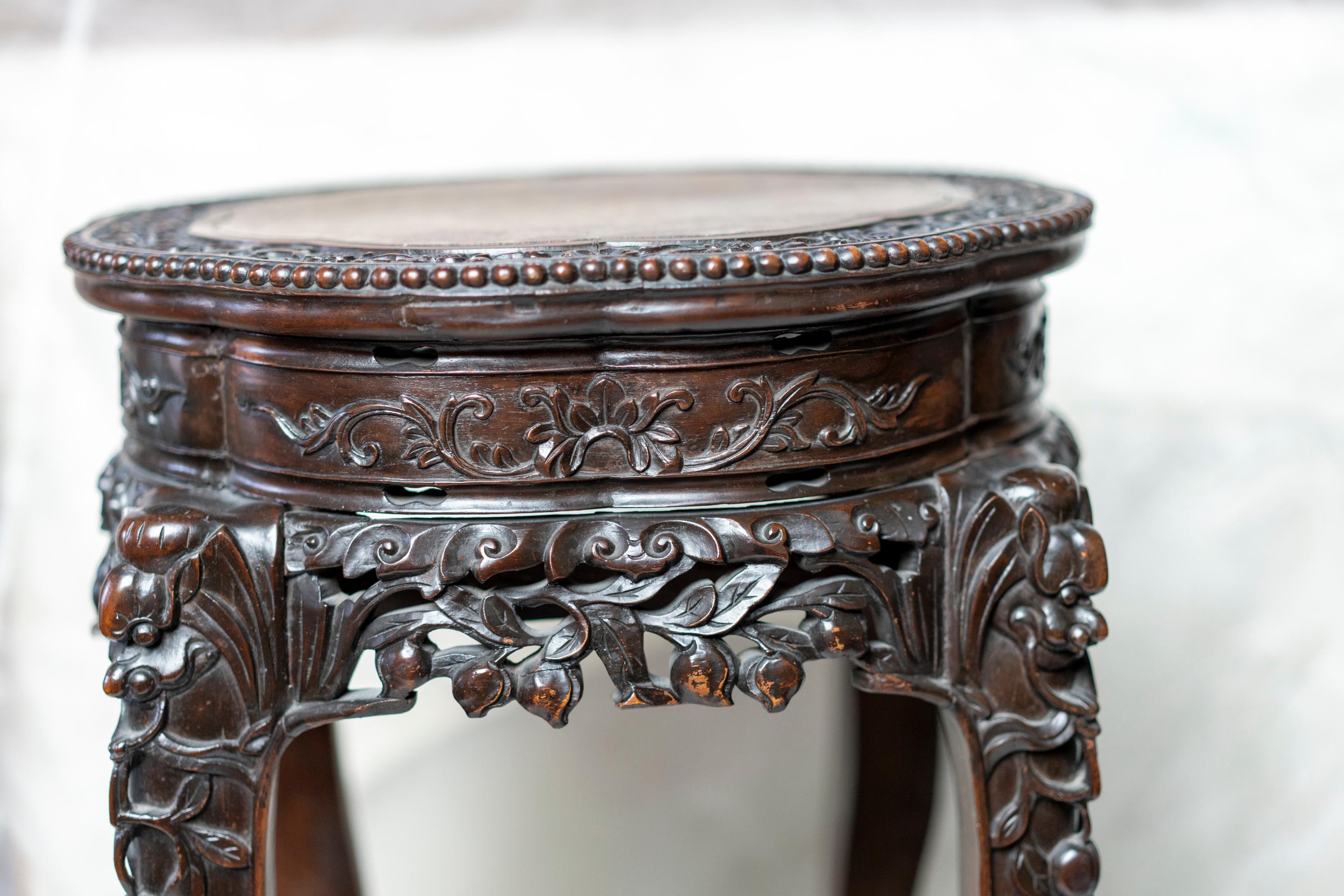 Mid-19th Century Chinese Qing Dynasty Intricately Carved Hard Wood Pedestal with Marble Inset