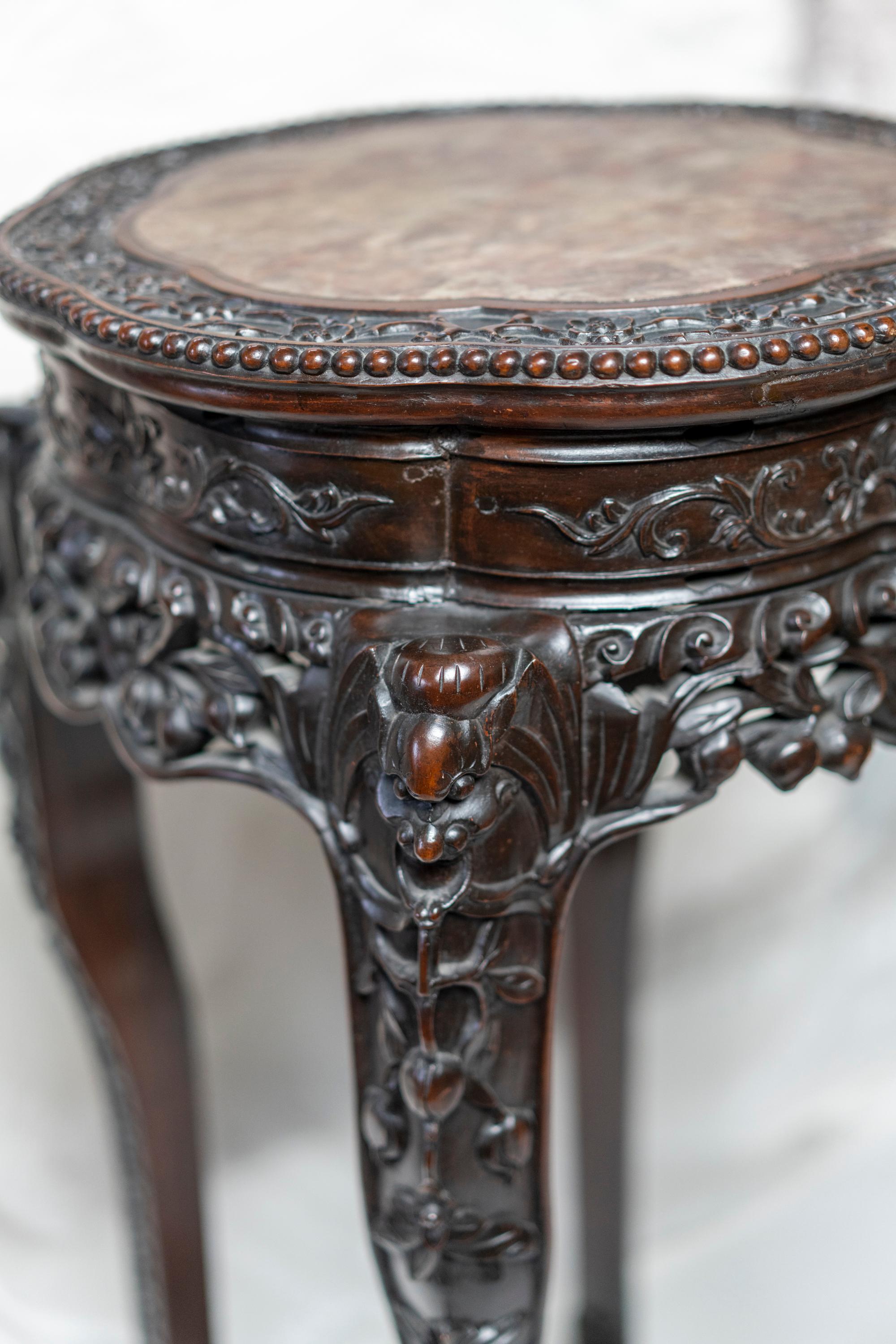 Wool Chinese Qing Dynasty Intricately Carved Hard Wood Pedestal with Marble Inset
