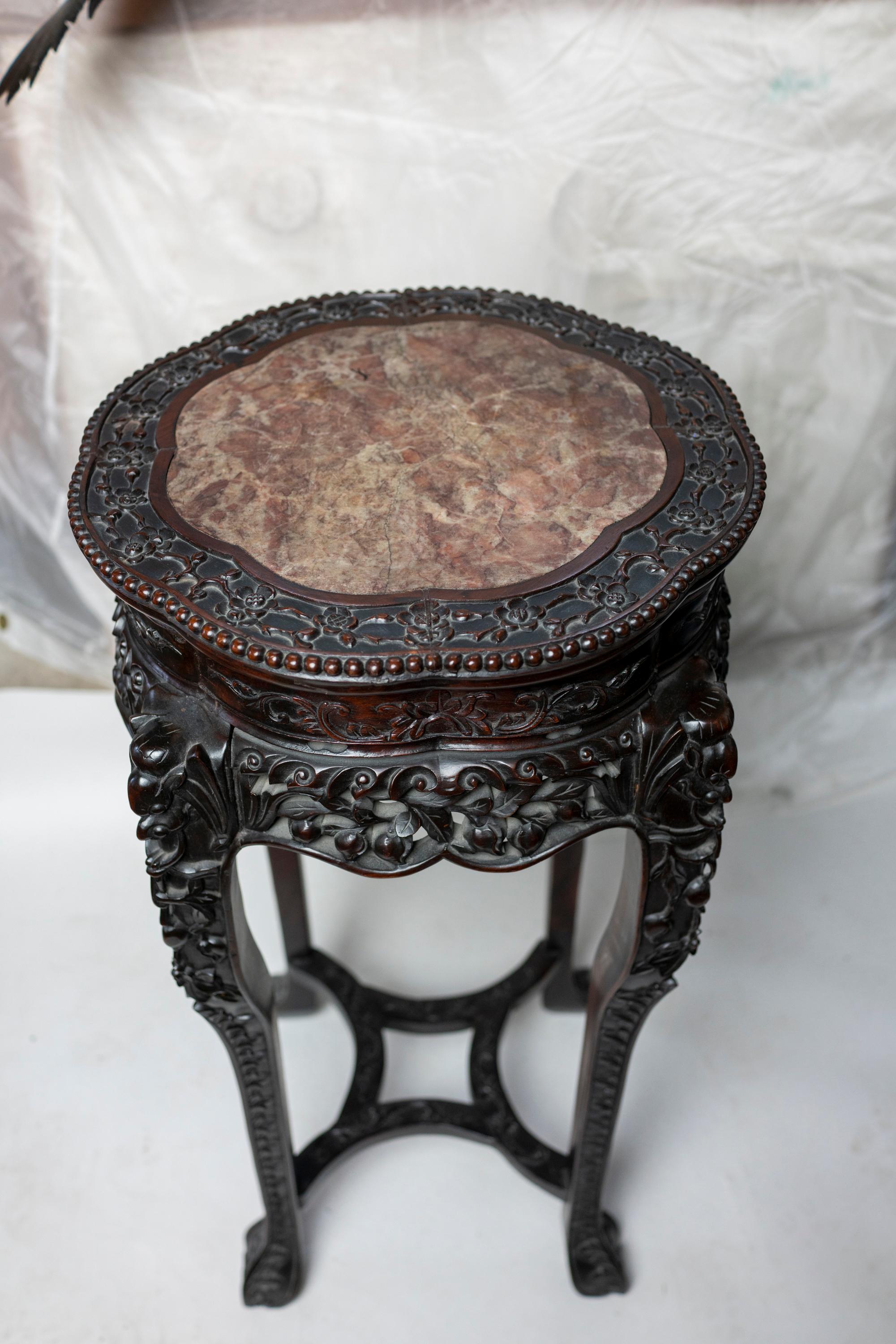 Chinese Qing Dynasty Intricately Carved Hard Wood Pedestal with Marble Inset 1