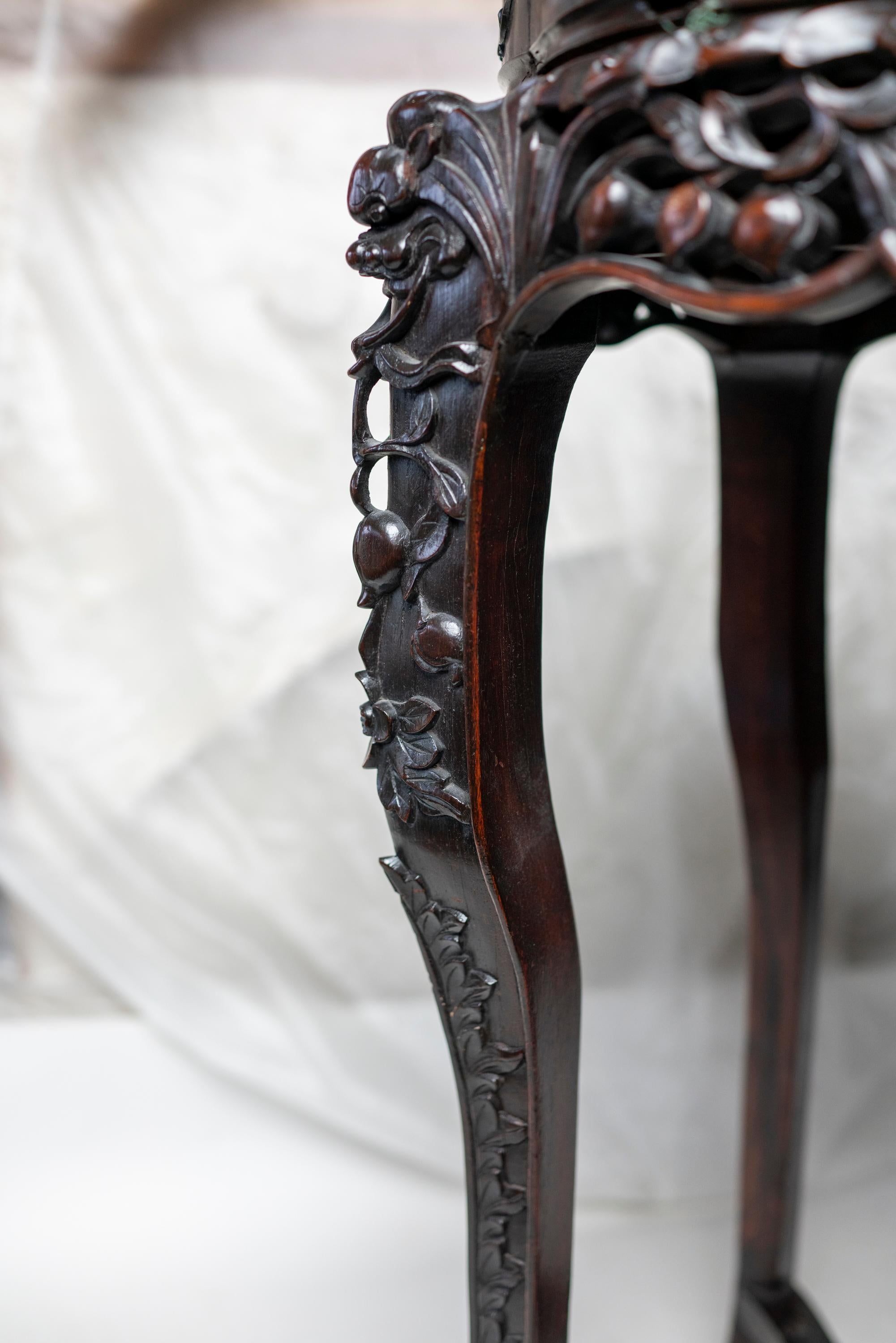 Chinese Qing Dynasty Intricately Carved Hard Wood Pedestal with Marble Inset 2
