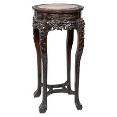 Chinese Qing Dynasty Intricately Carved Hard Wood Pedestal with Marble Inset