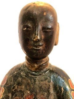 Chinese Qing Dynasty Lacquered and Polychrome Wood 18" Figure with a Deer