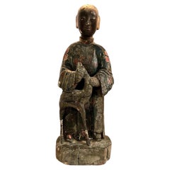 Chinese Qing Dynasty Lacquered and Polychrome Wood 18" Figure with a Deer