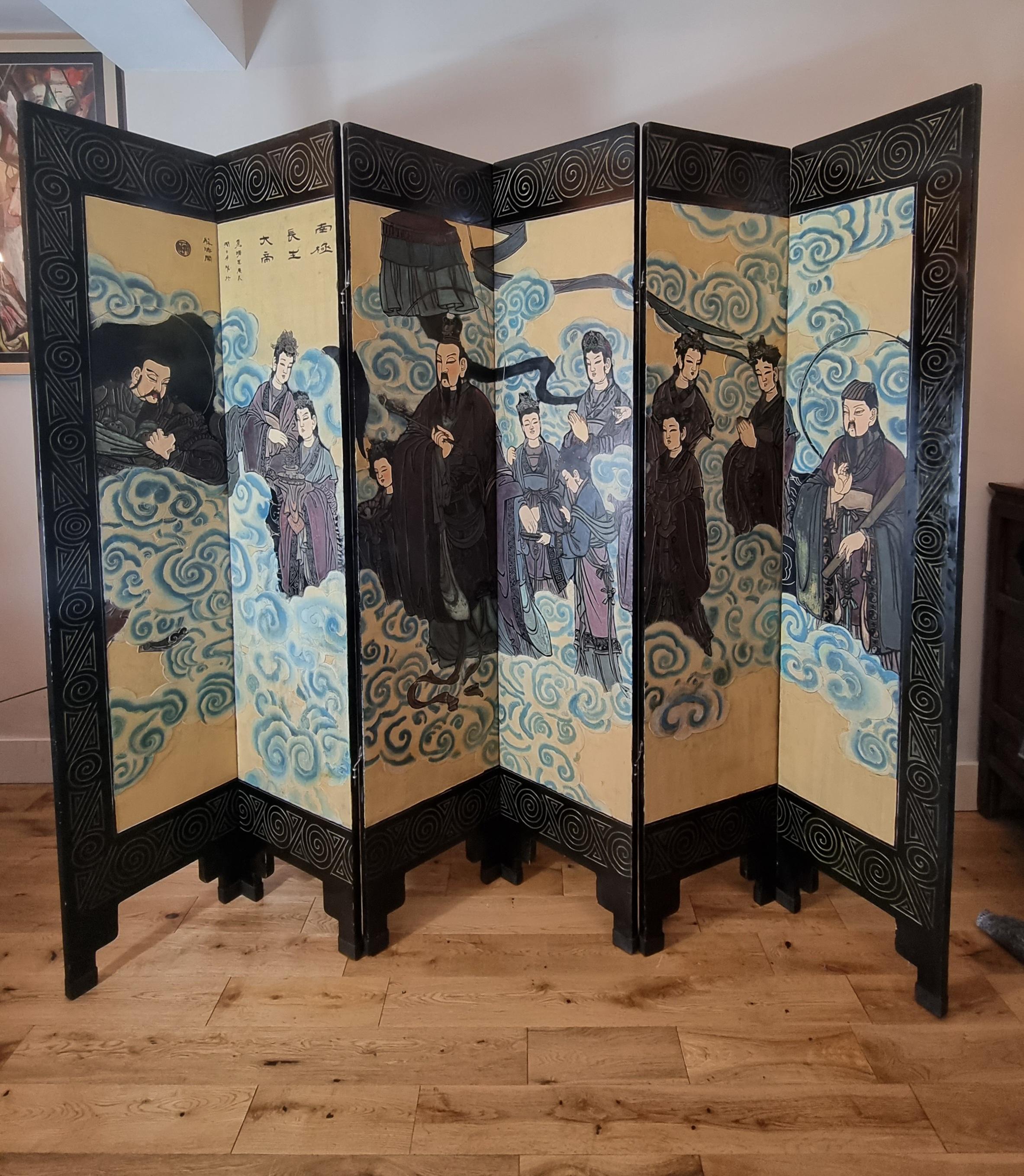 Chinesische Qing Dynasty Lackierte Sechs-Panel-Bildschirm  im Zustand „Gut“ im Angebot in Hoddesdon, GB