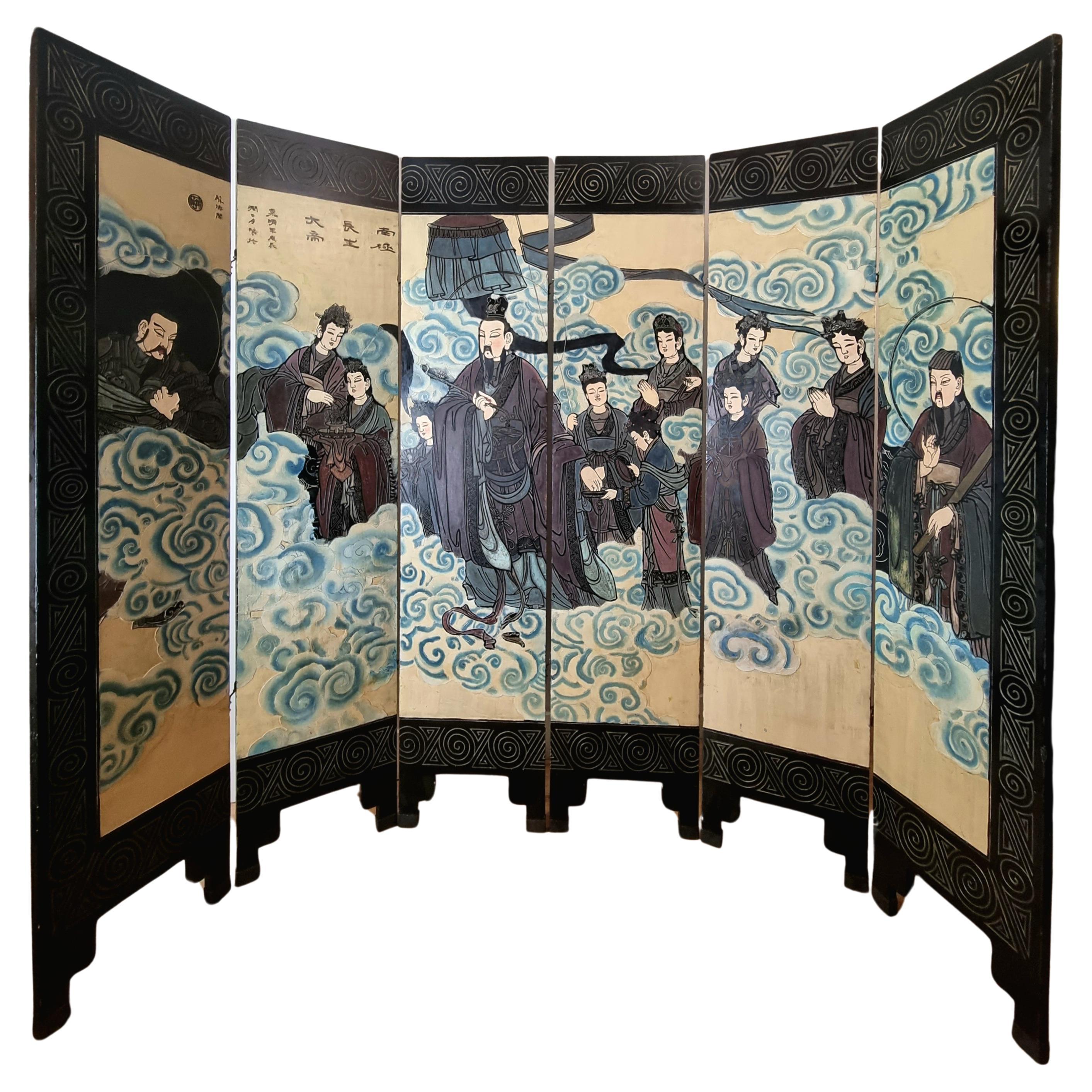 Chinesische Qing Dynasty Lackierte Sechs-Panel-Bildschirm  im Angebot