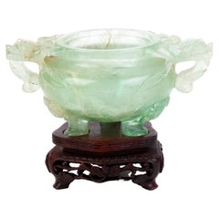 Antique Chinese Qing Dynasty Lidded Jade Censer Vase Sculpture on Stand 19th Century 
