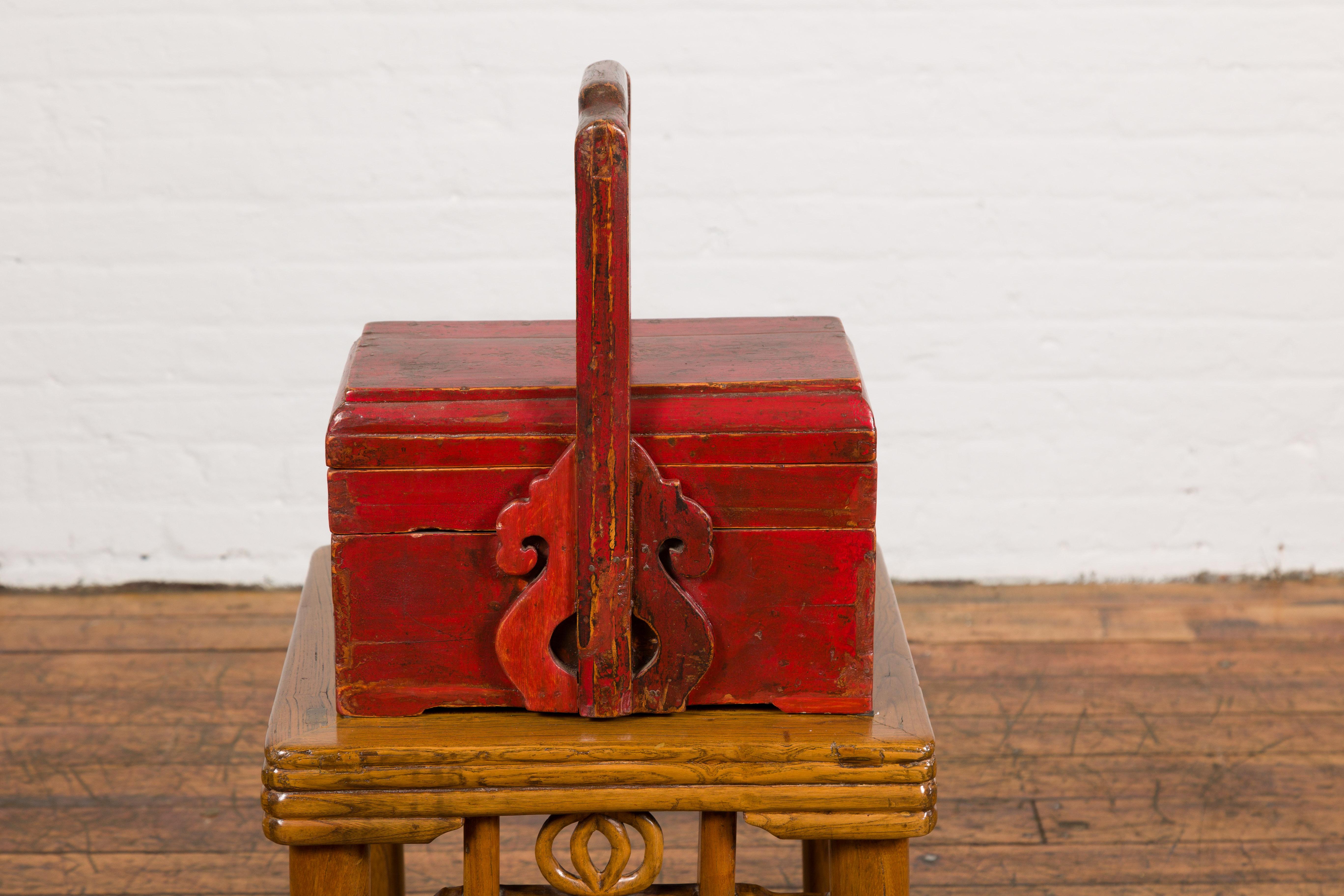 Carved Chinese Antique Lidded Carrying Box For Sale