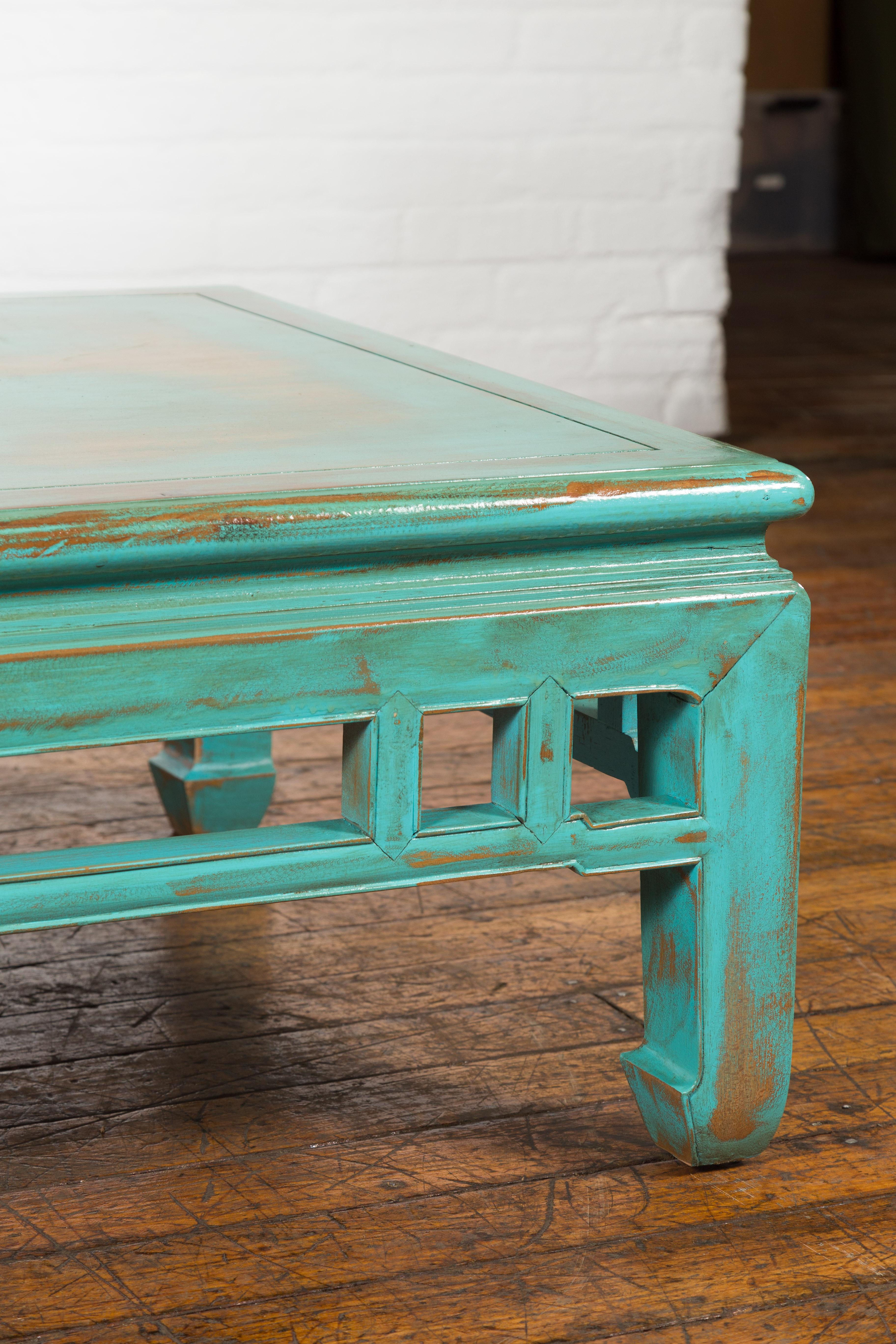 Chinese Qing Dynasty Low Kang Coffee Table with Custom Aqua Teal Lacquer For Sale 4
