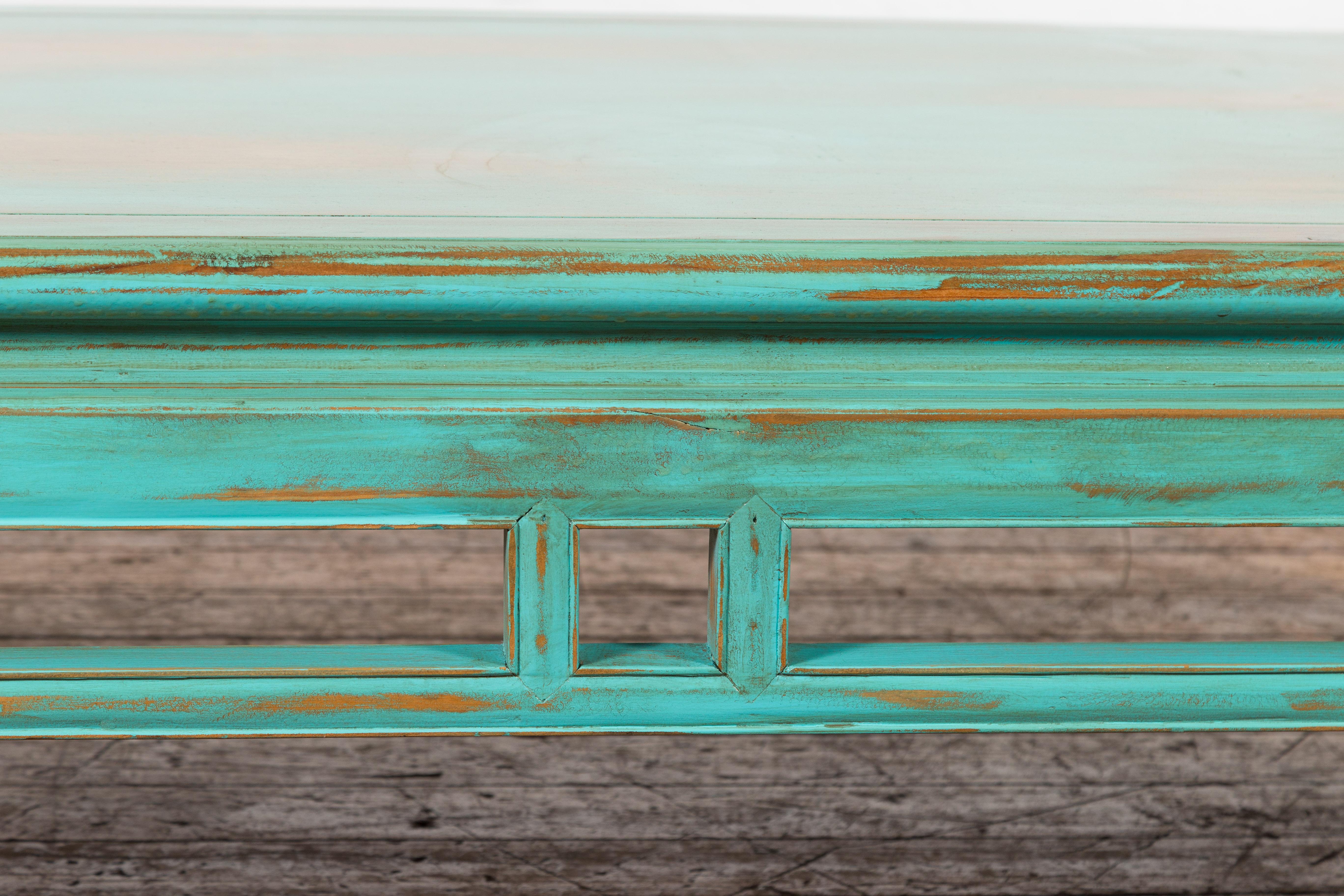 Chinese Qing Dynasty Low Kang Coffee Table with Custom Aqua Teal Lacquer For Sale 5