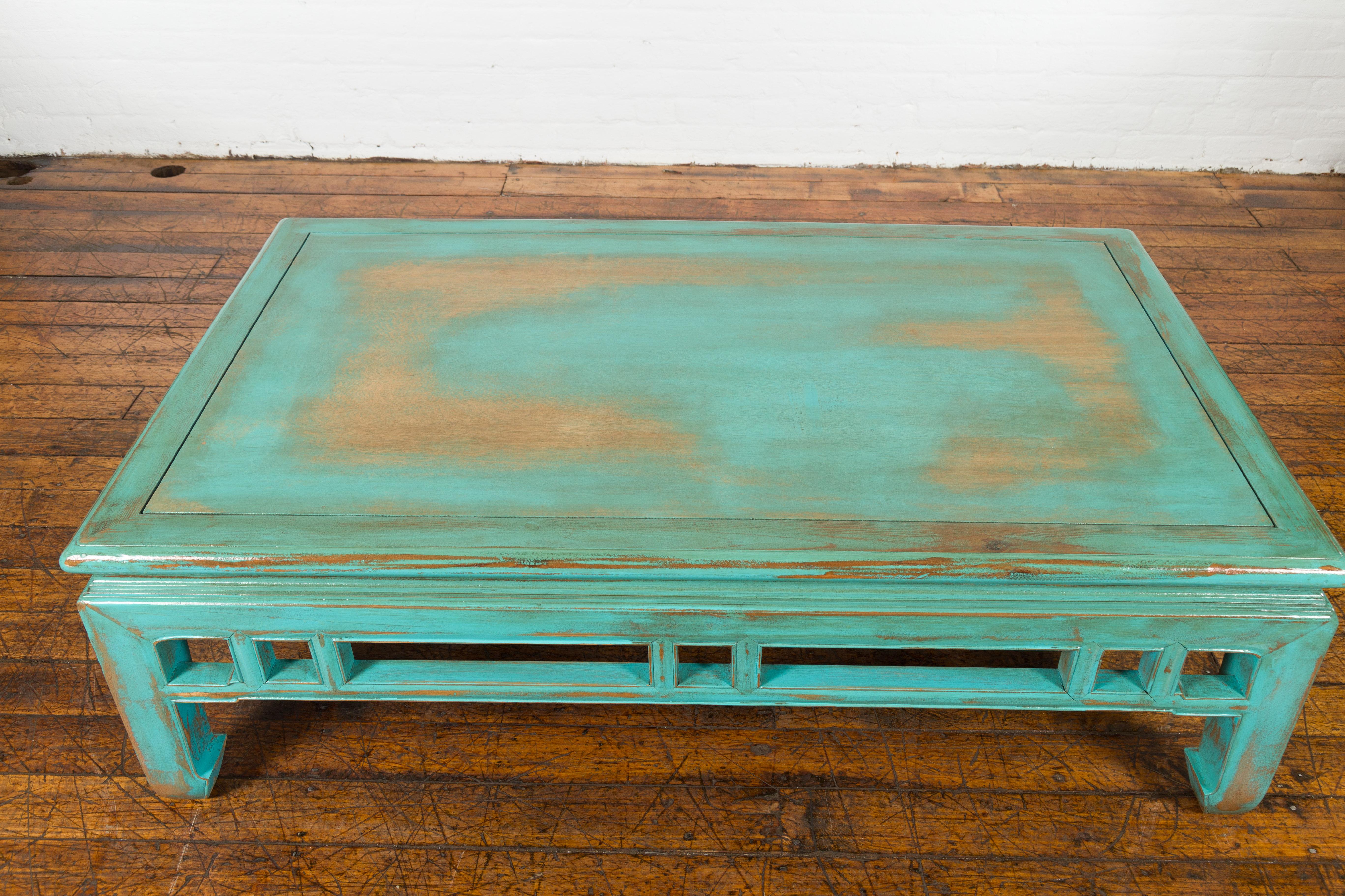 Chinese Qing Dynasty Low Kang Coffee Table with Custom Aqua Teal Lacquer For Sale 7