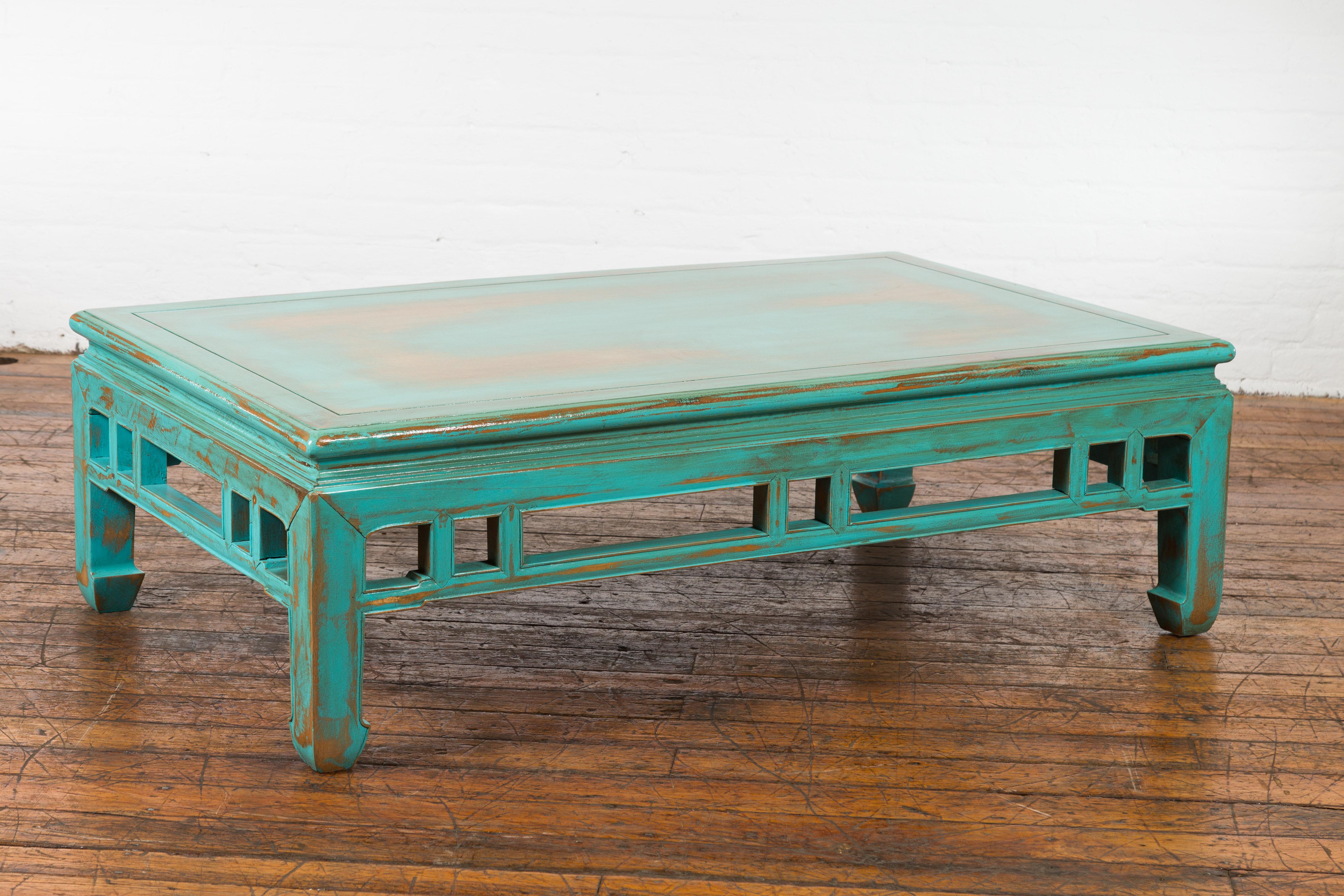 Chinese Qing Dynasty Low Kang Coffee Table with Custom Aqua Teal Lacquer For Sale 8