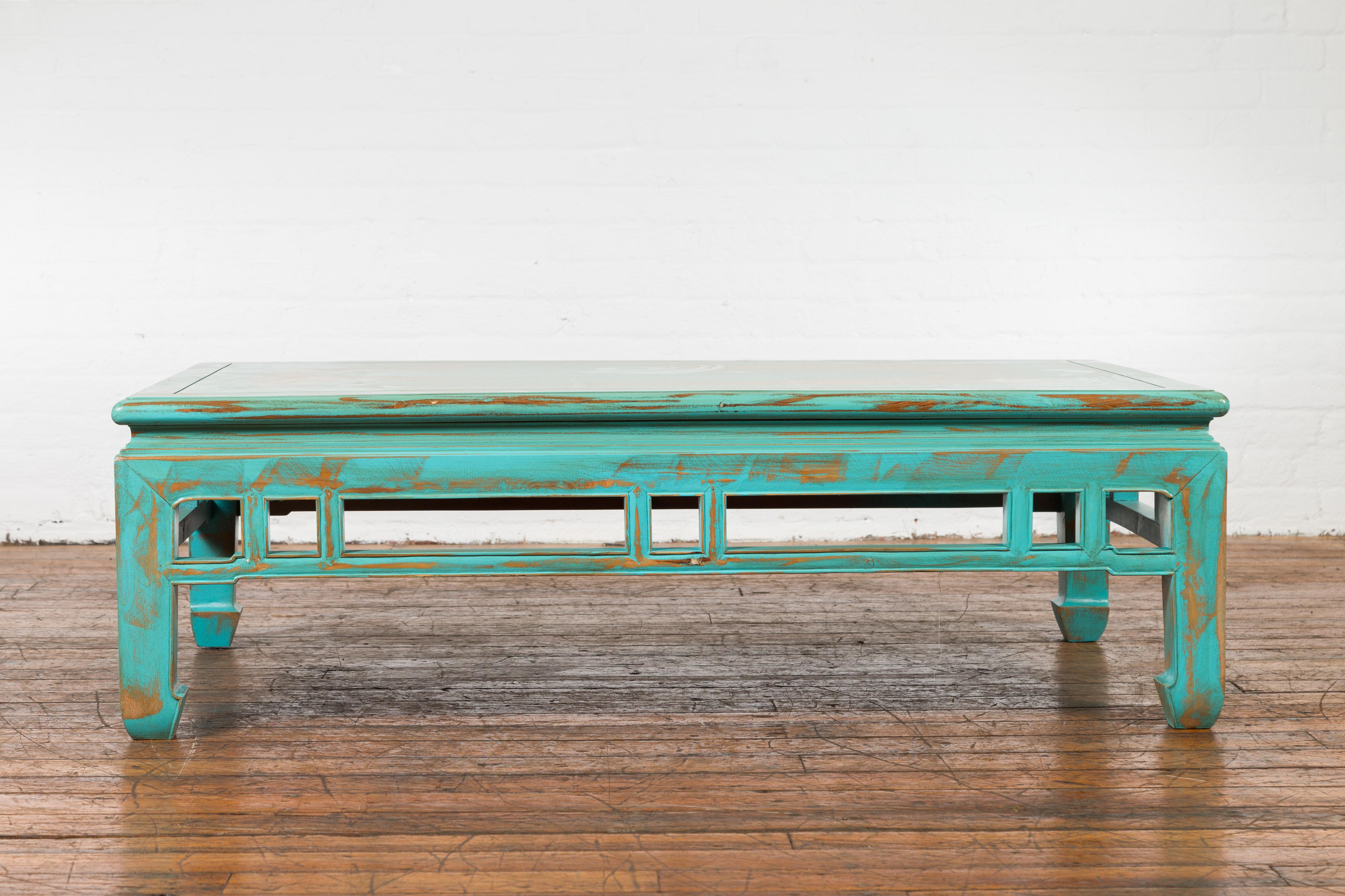 Chinese Qing Dynasty Low Kang Coffee Table with Custom Aqua Teal Lacquer For Sale 10