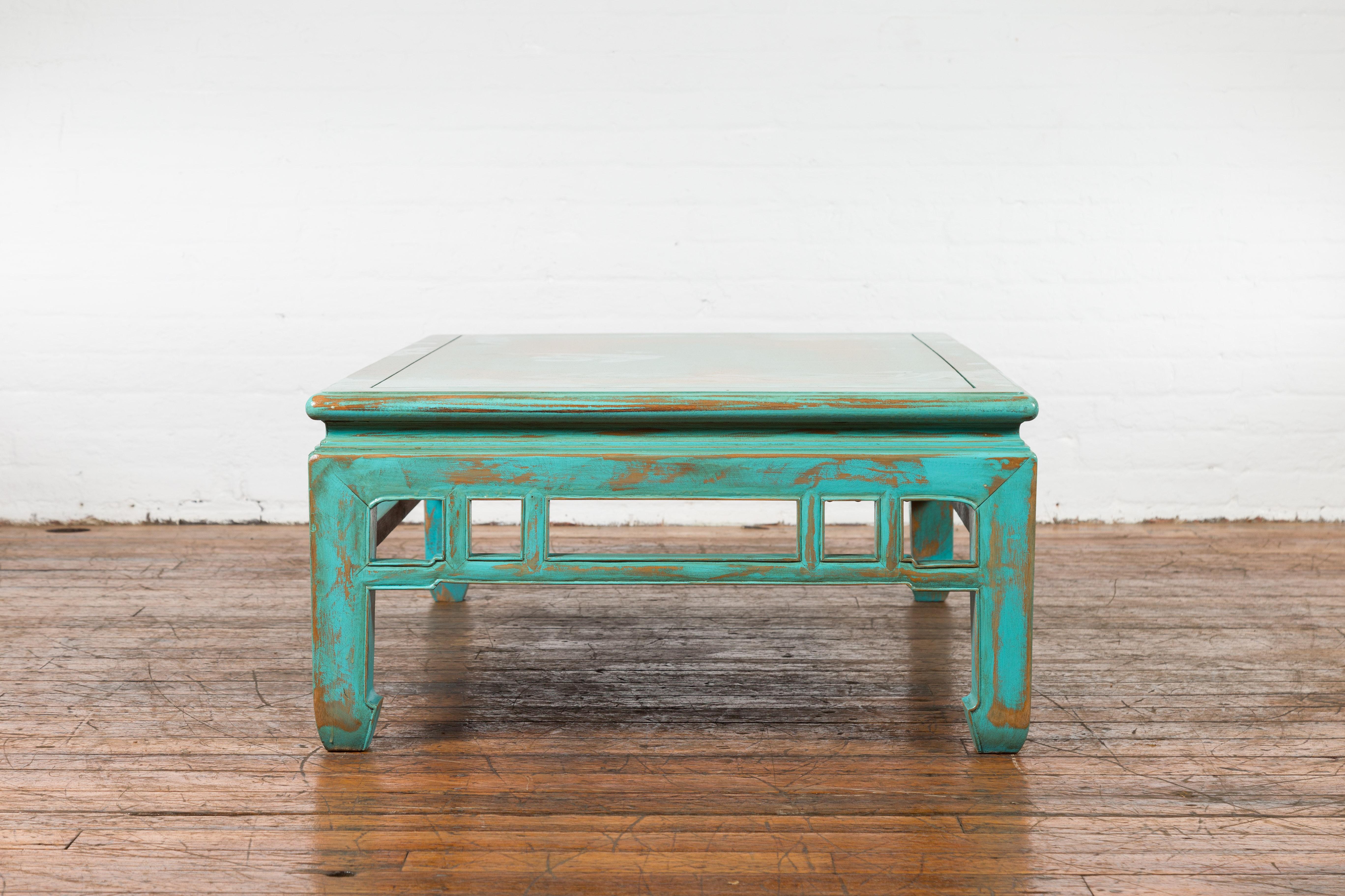 Chinese Qing Dynasty Low Kang Coffee Table with Custom Aqua Teal Lacquer For Sale 11