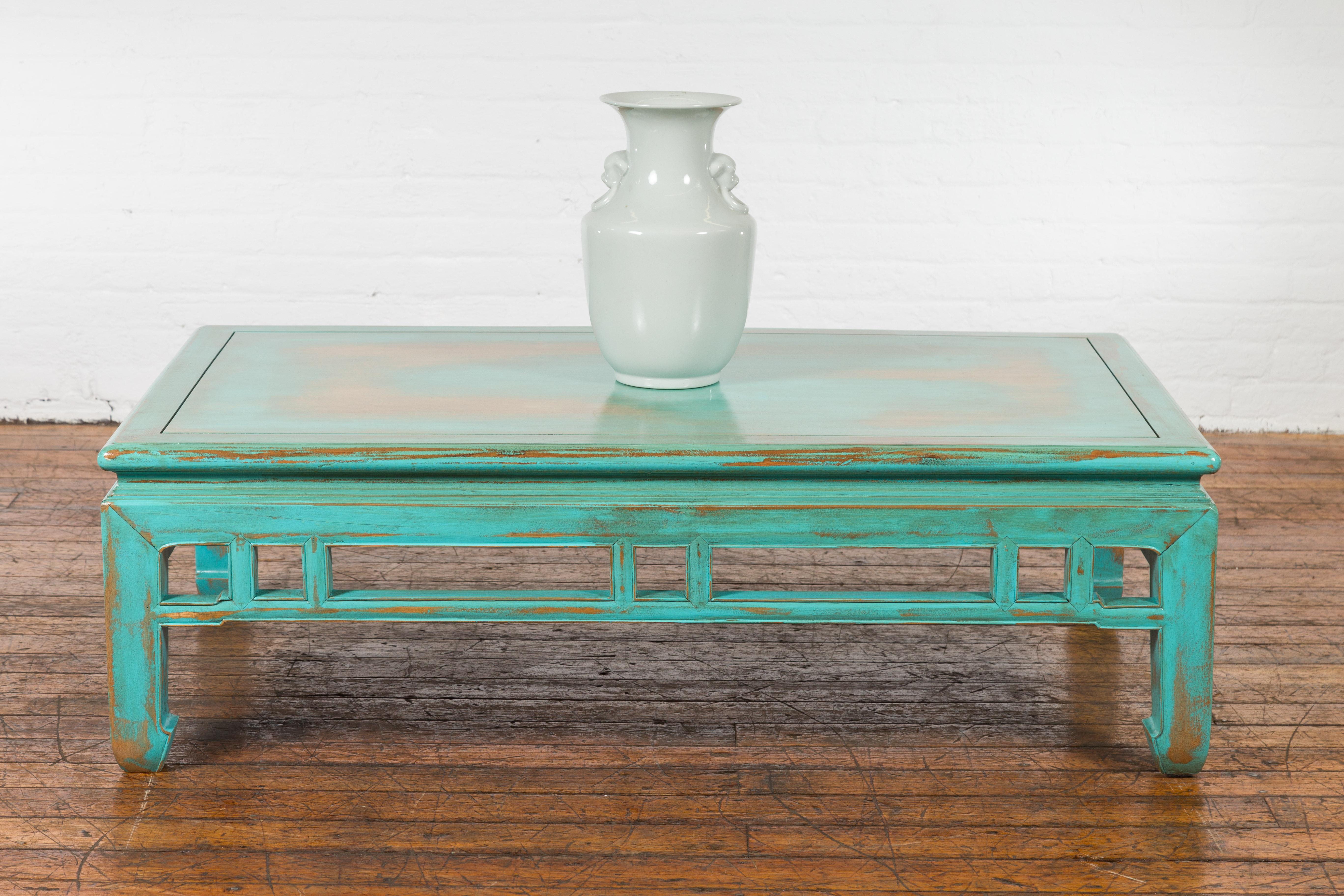 Carved Chinese Qing Dynasty Low Kang Coffee Table with Custom Aqua Teal Lacquer For Sale
