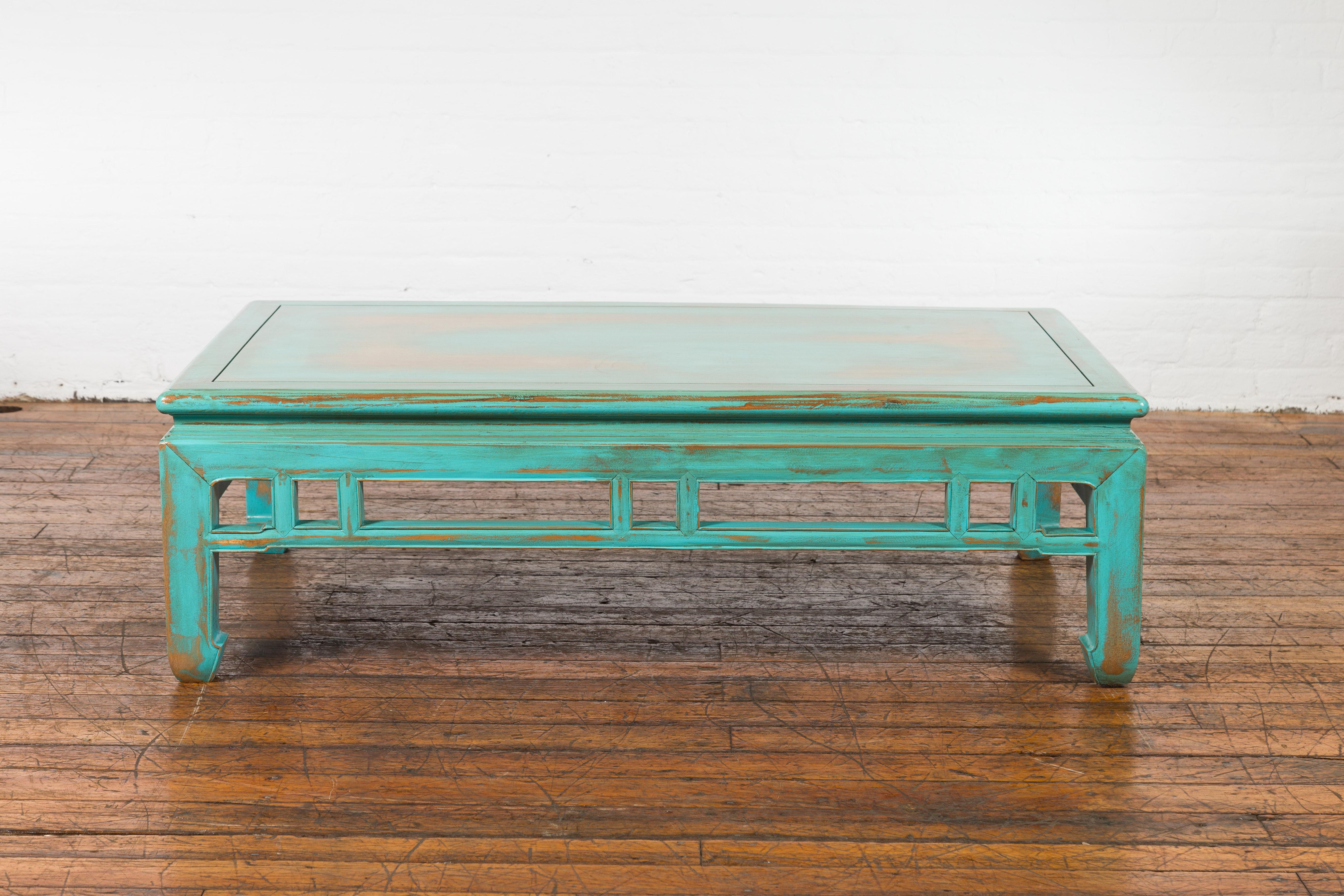 19th Century Chinese Qing Dynasty Low Kang Coffee Table with Custom Aqua Teal Lacquer For Sale