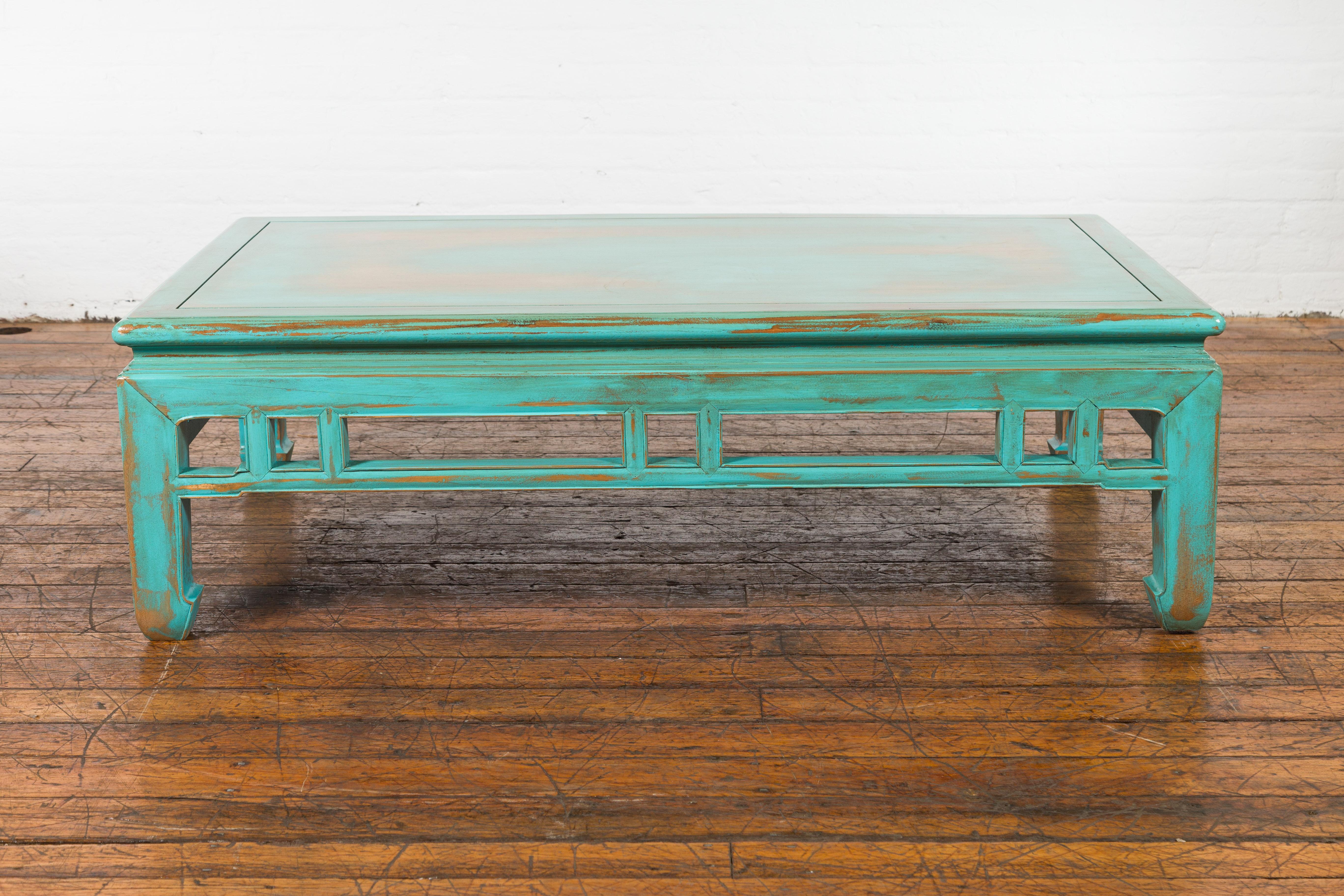 Wood Chinese Qing Dynasty Low Kang Coffee Table with Custom Aqua Teal Lacquer For Sale