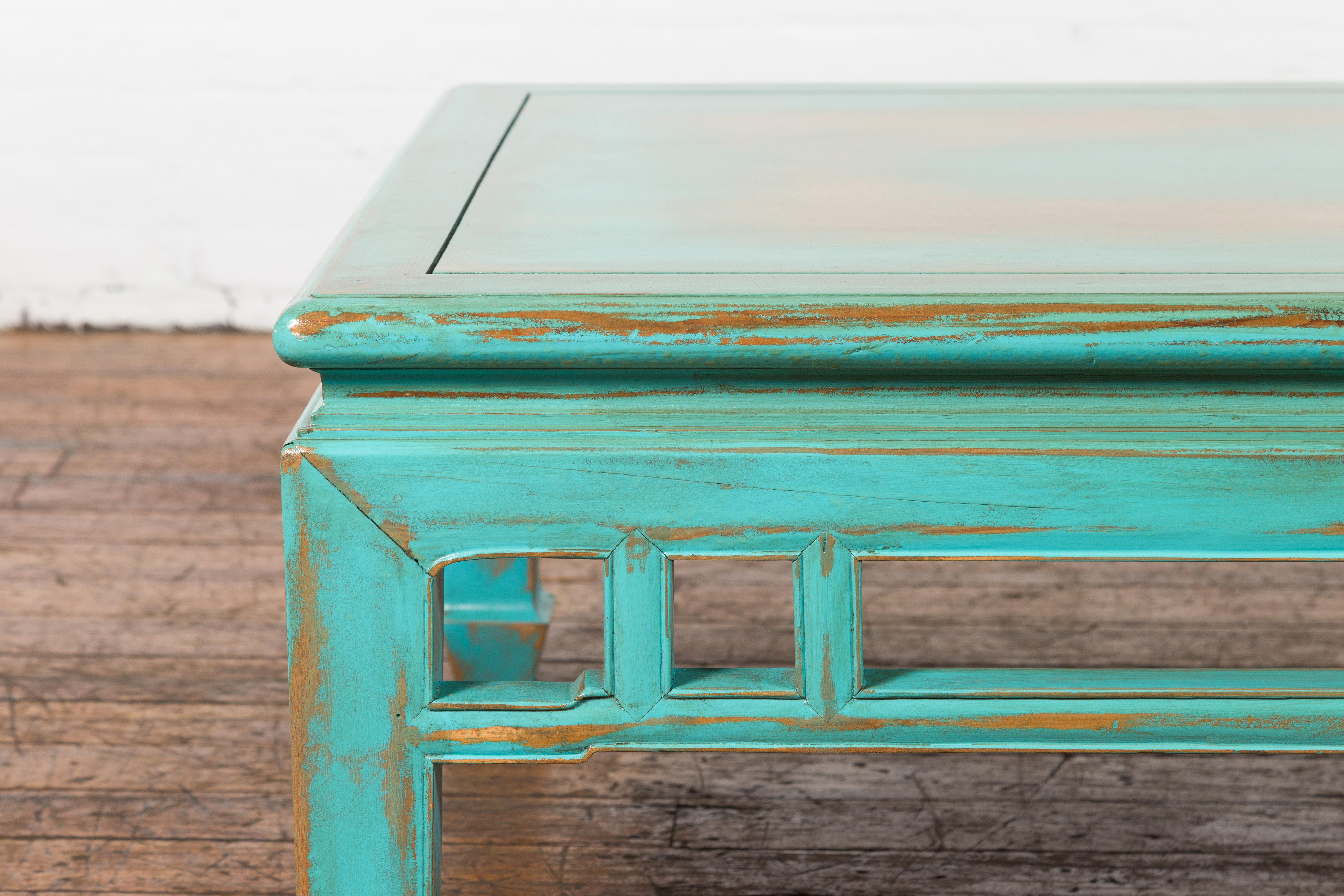 Chinese Qing Dynasty Low Kang Coffee Table with Custom Aqua Teal Lacquer For Sale 1