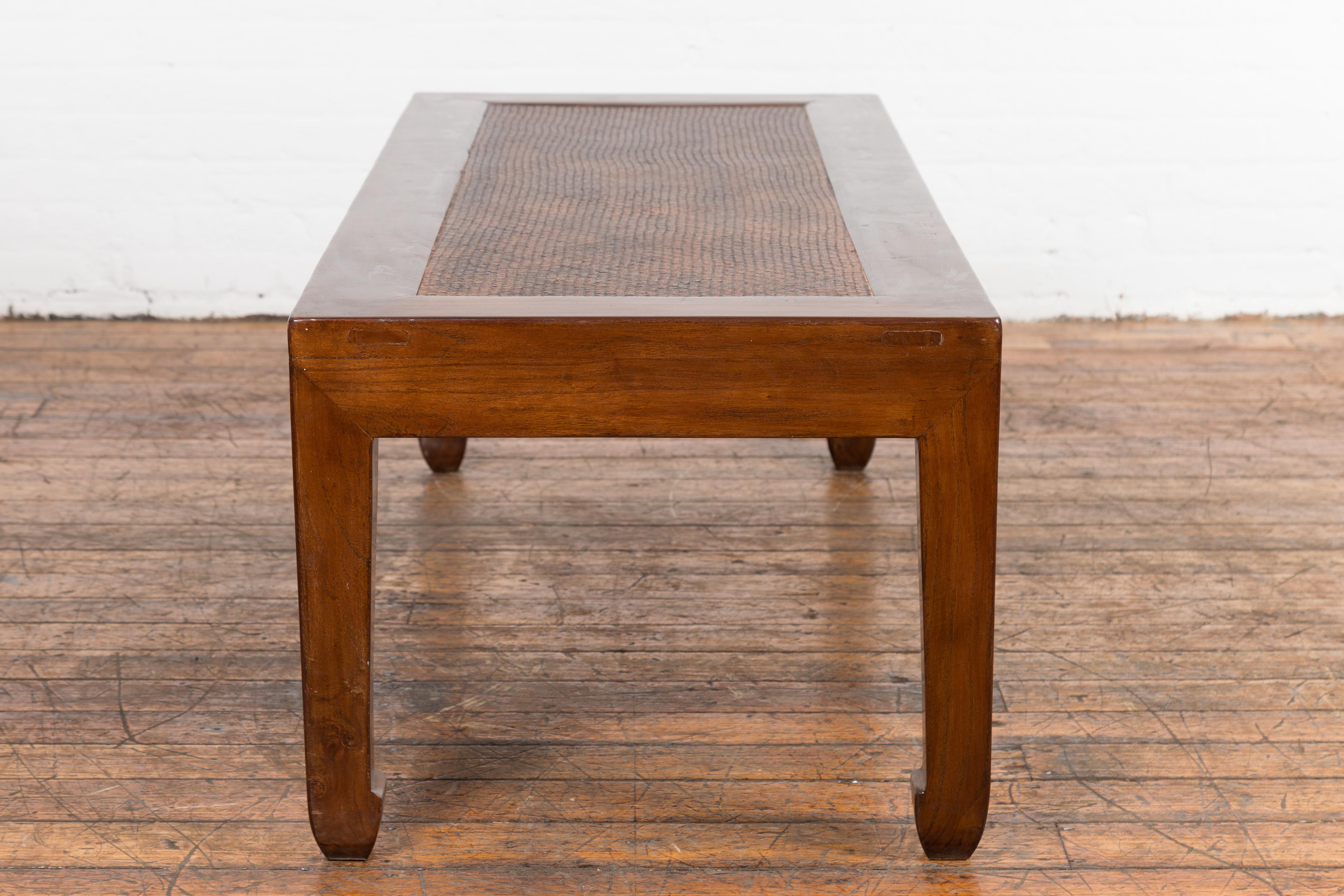 Low Rectangular Antique Coffee Table with Woven Rattan Top For Sale 7