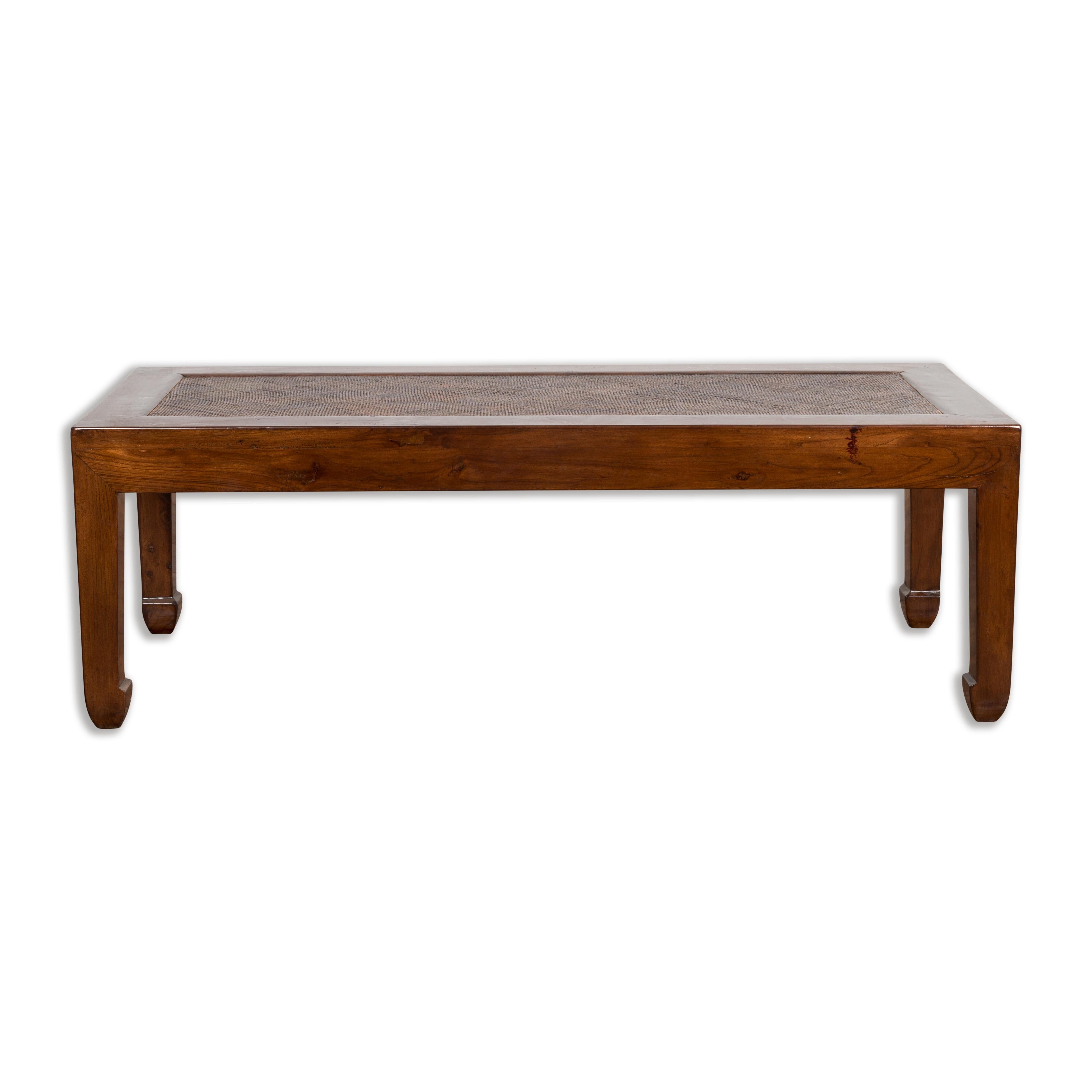 Low Rectangular Antique Coffee Table with Woven Rattan Top For Sale 11