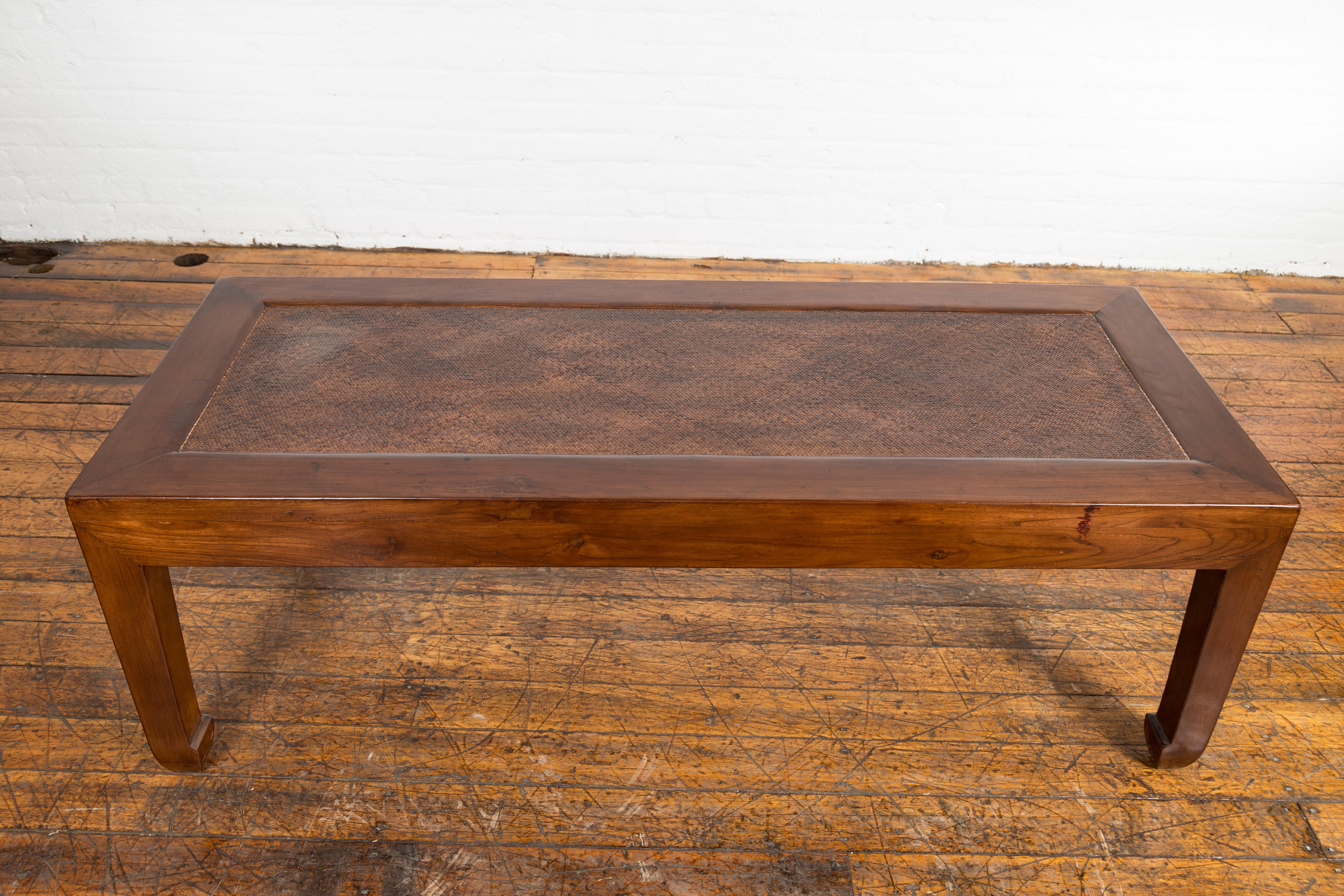 20th Century Low Rectangular Antique Coffee Table with Woven Rattan Top For Sale