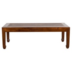 Low Rectangular Antique Coffee Table with Woven Rattan Top