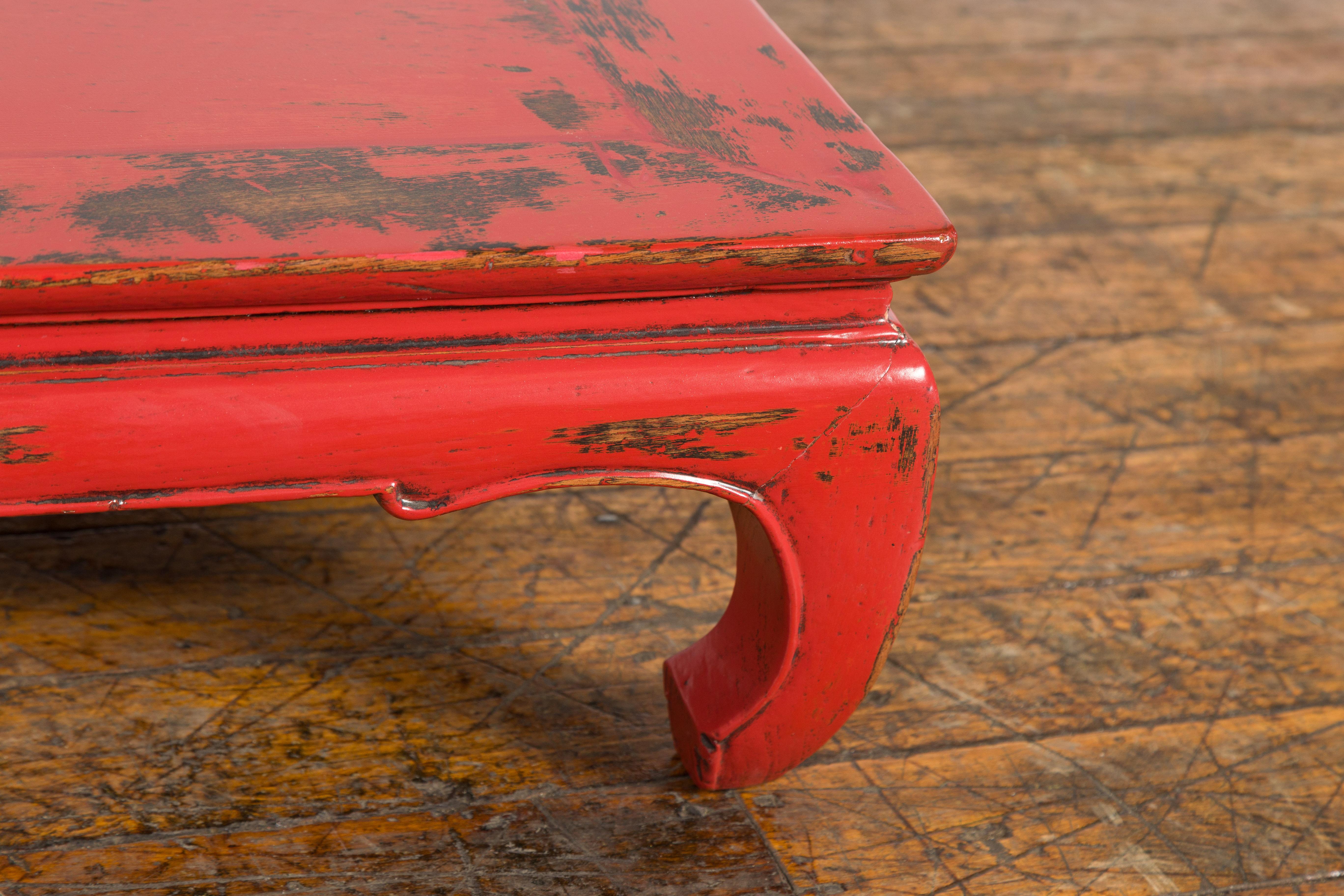 Chinese Qing Dynasty Low Kang Table with Custom Red Distressed Lacquer For Sale 4