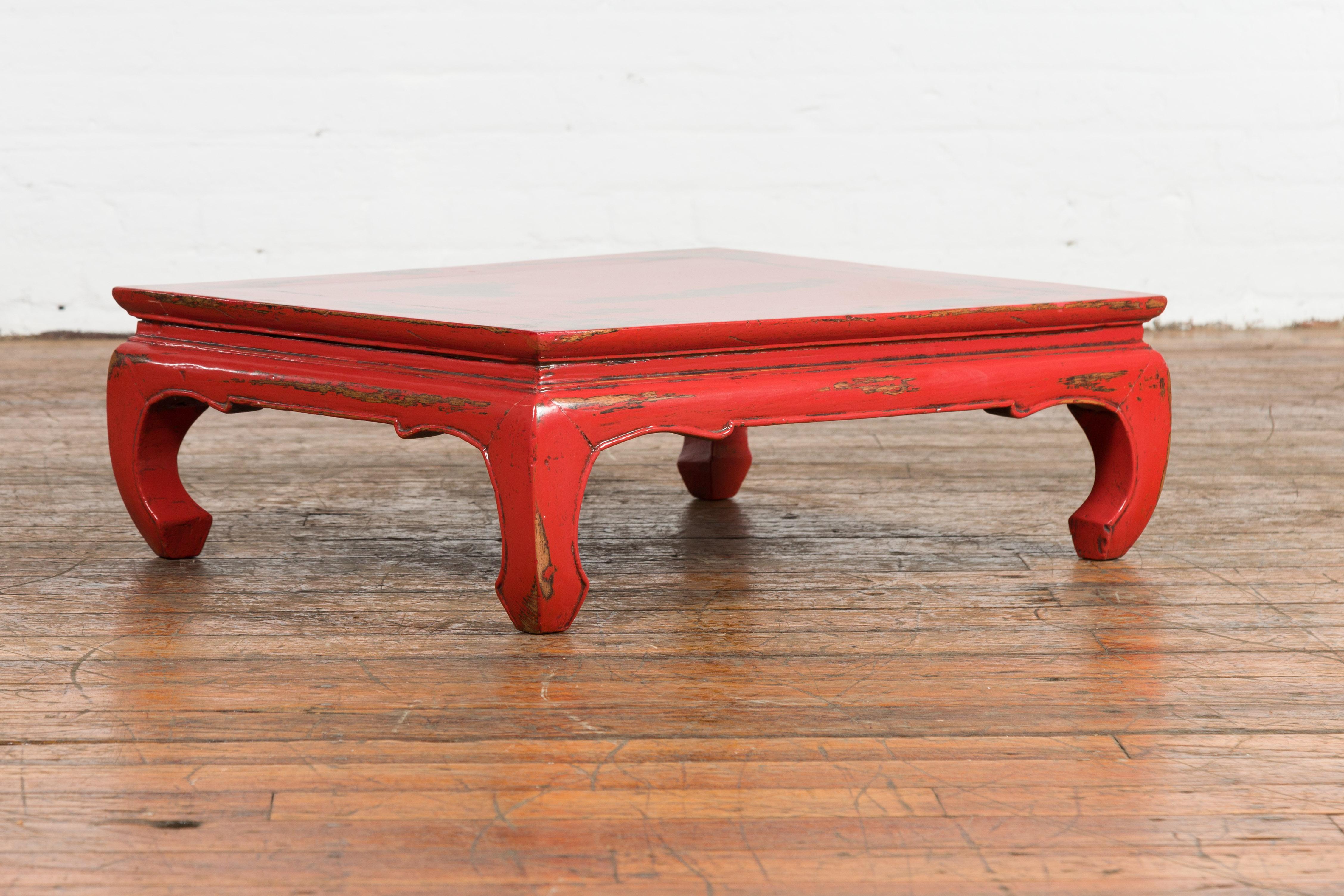 Chinese Qing Dynasty Low Kang Table with Custom Red Distressed Lacquer For Sale 5