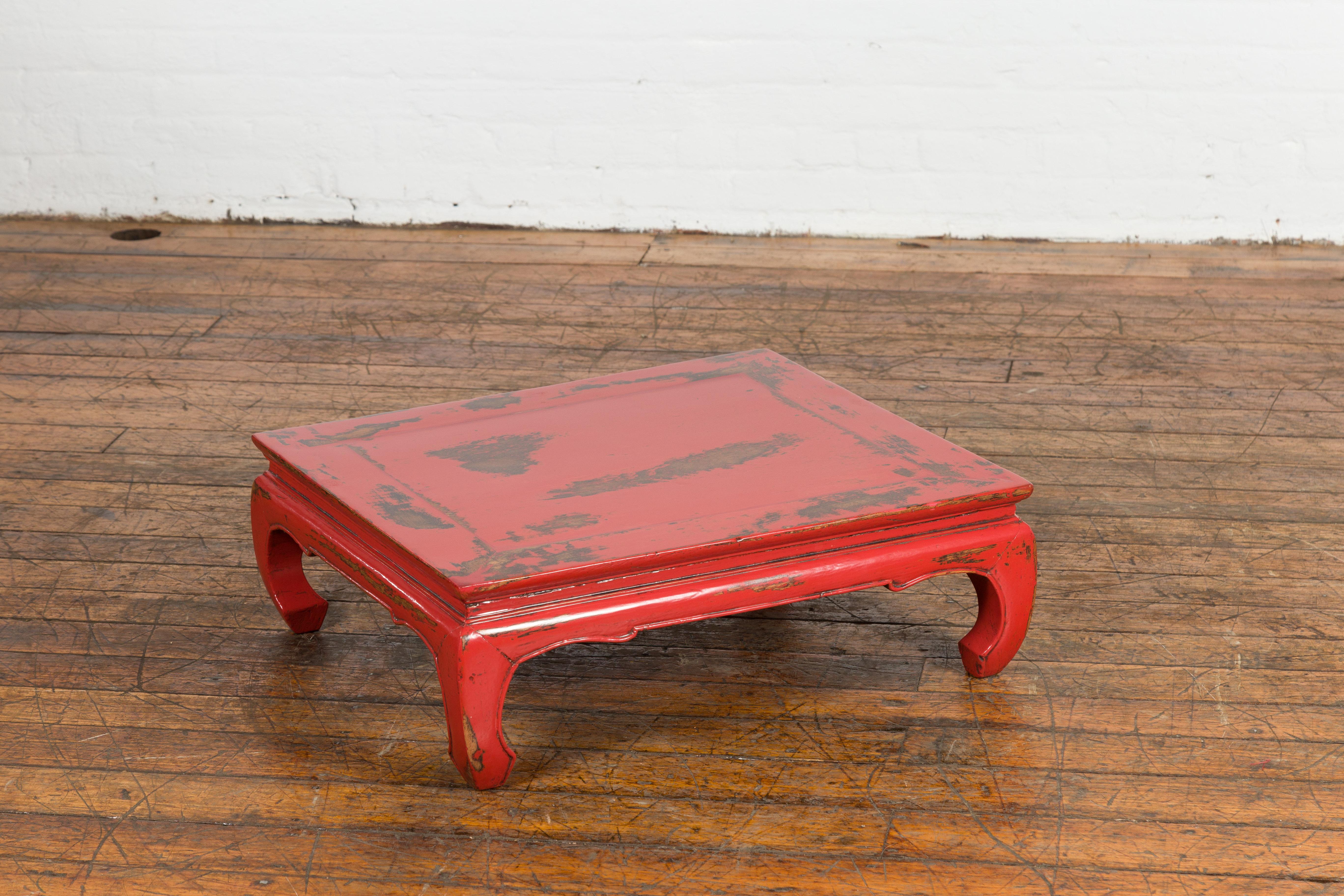 Chinese Qing Dynasty Low Kang Table with Custom Red Distressed Lacquer For Sale 6