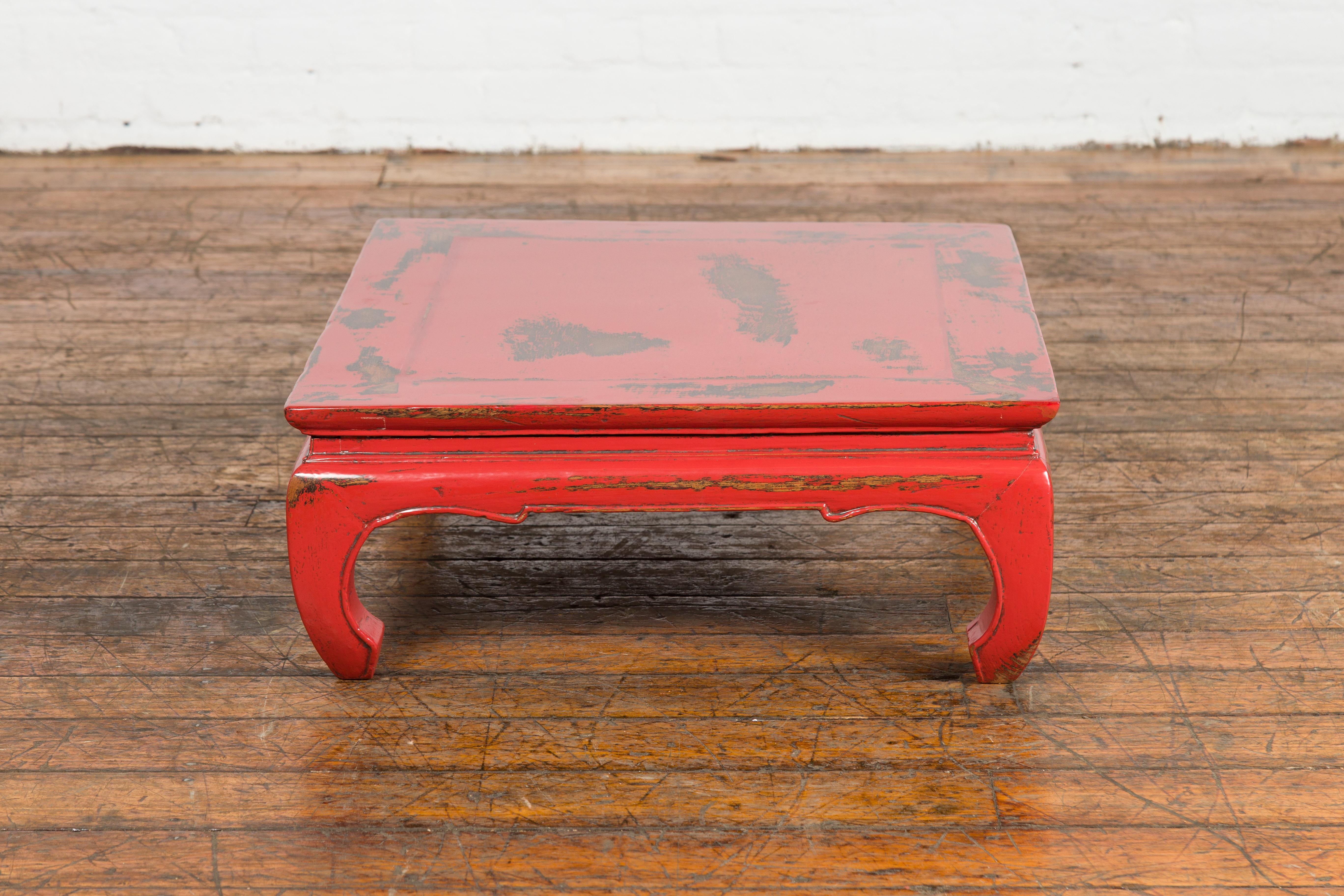 Chinese Qing Dynasty Low Kang Table with Custom Red Distressed Lacquer For Sale 7