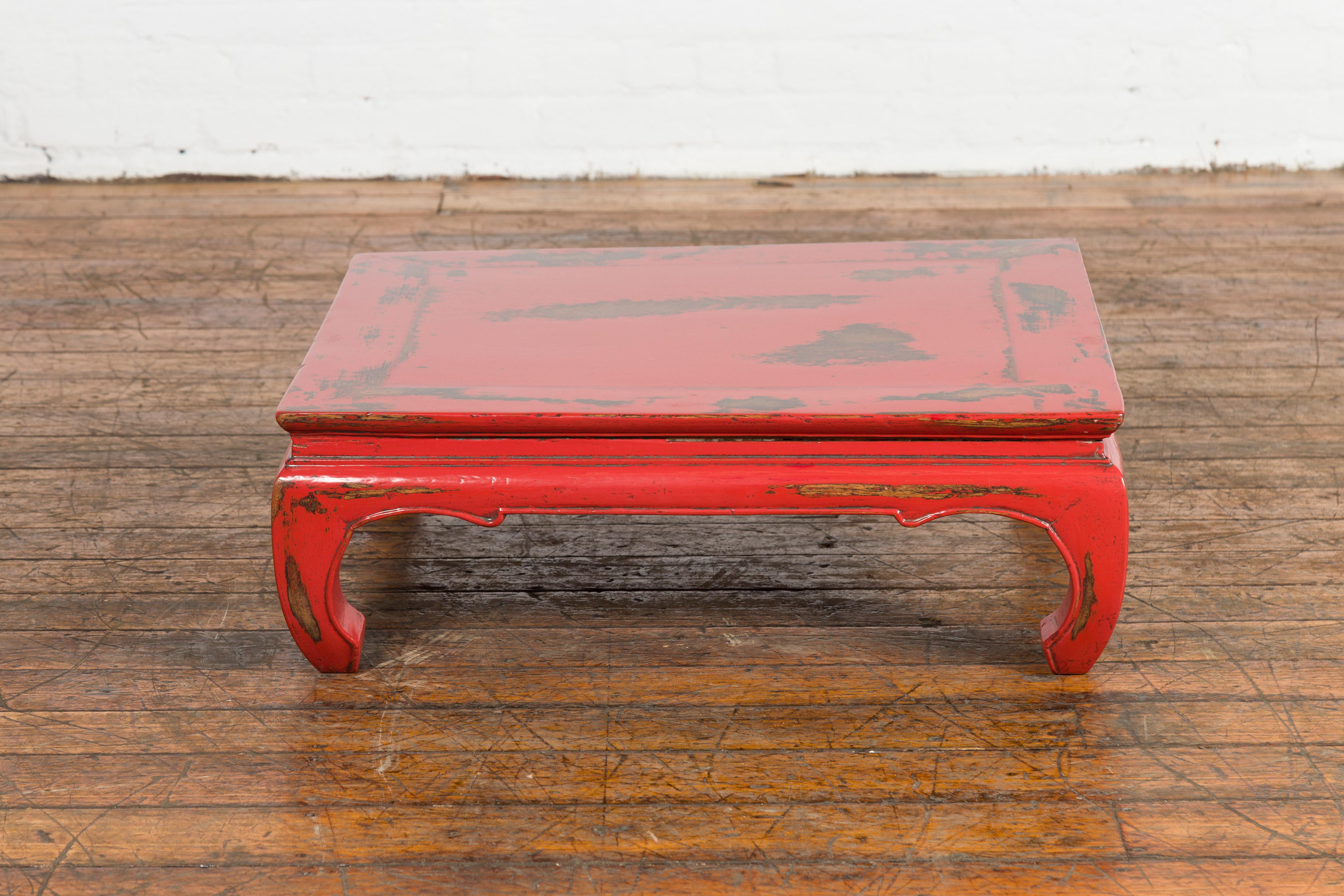 Chinese Qing Dynasty Low Kang Table with Custom Red Distressed Lacquer For Sale 8