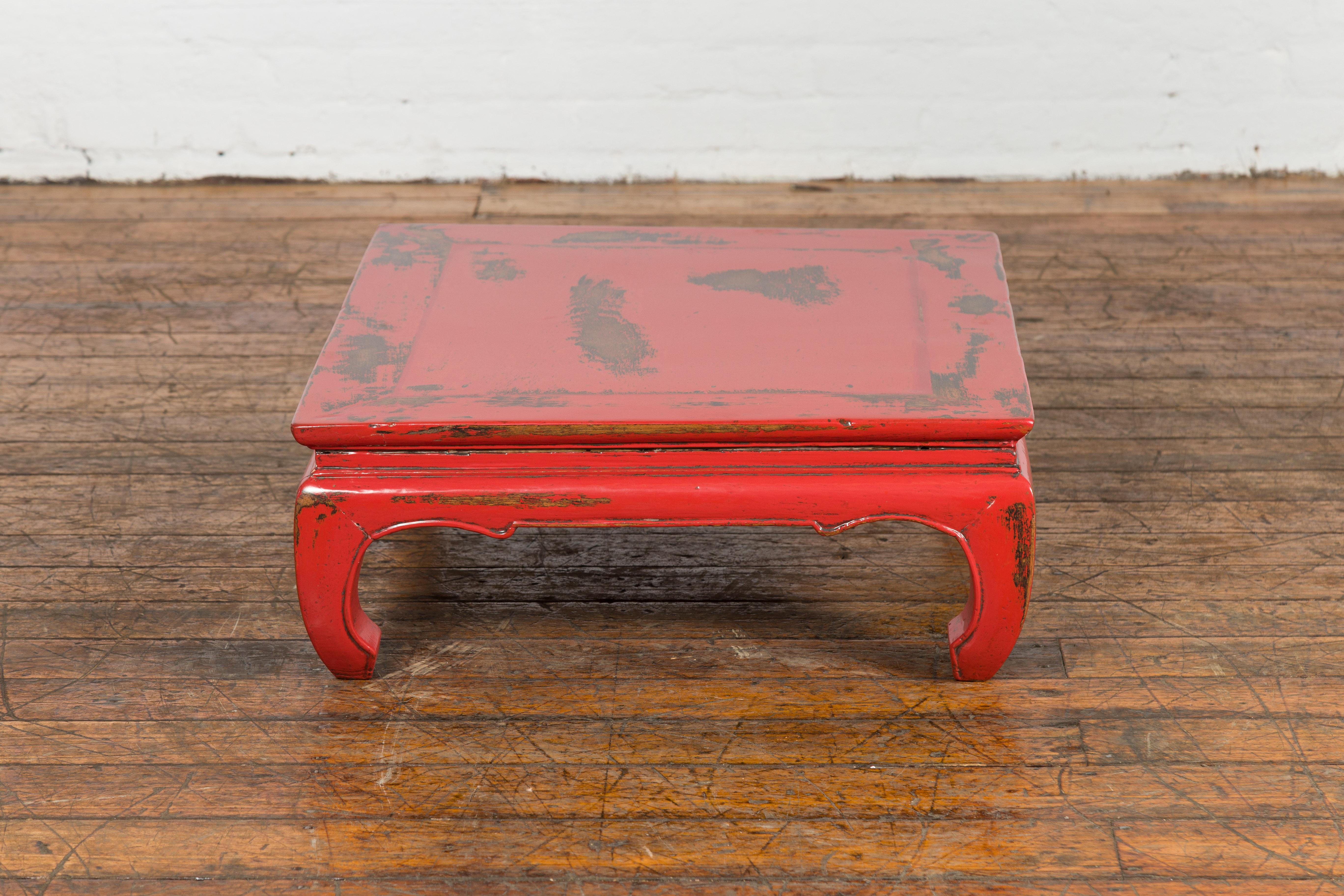 Chinese Qing Dynasty Low Kang Table with Custom Red Distressed Lacquer For Sale 9