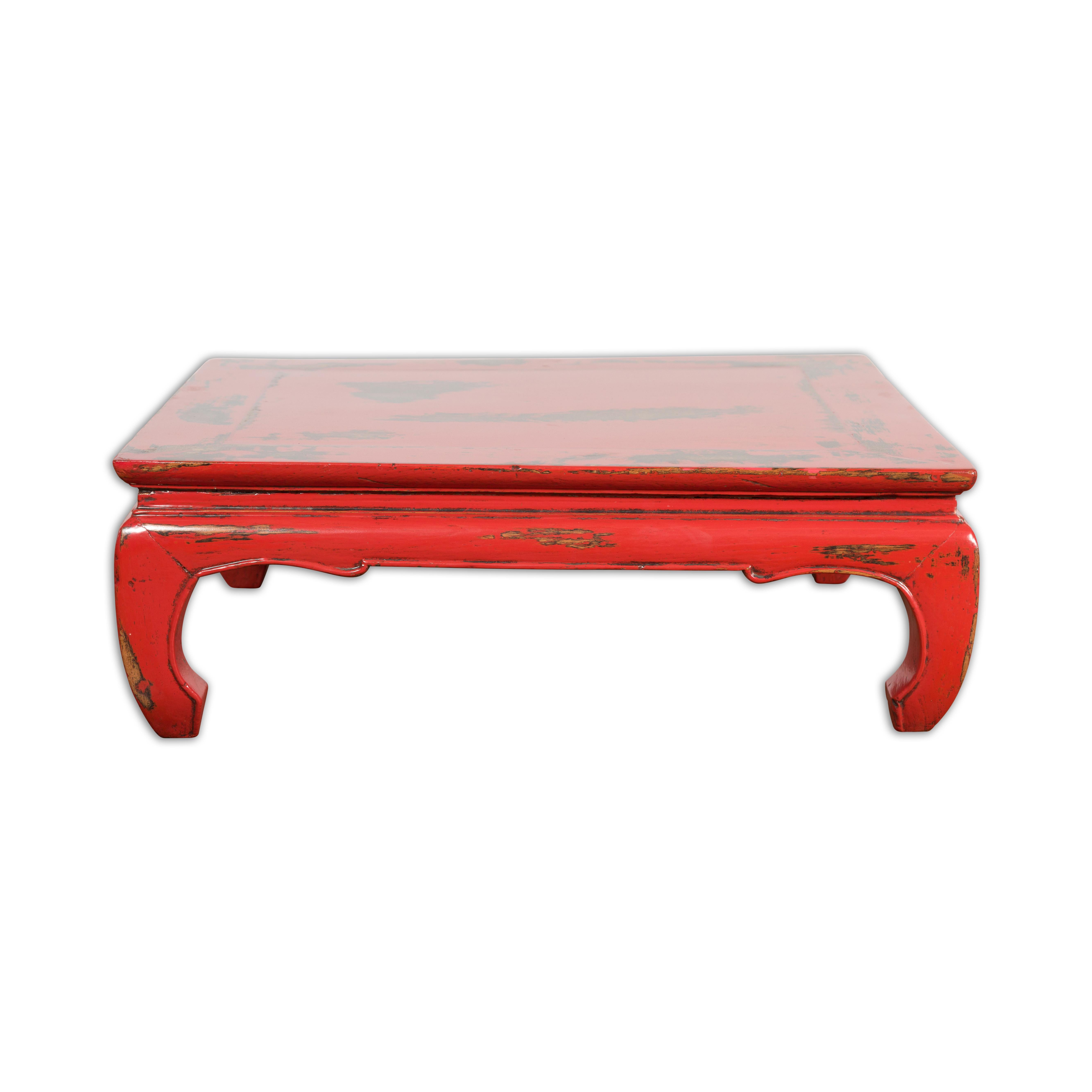 Chinese Qing Dynasty Low Kang Table with Custom Red Distressed Lacquer For Sale 10