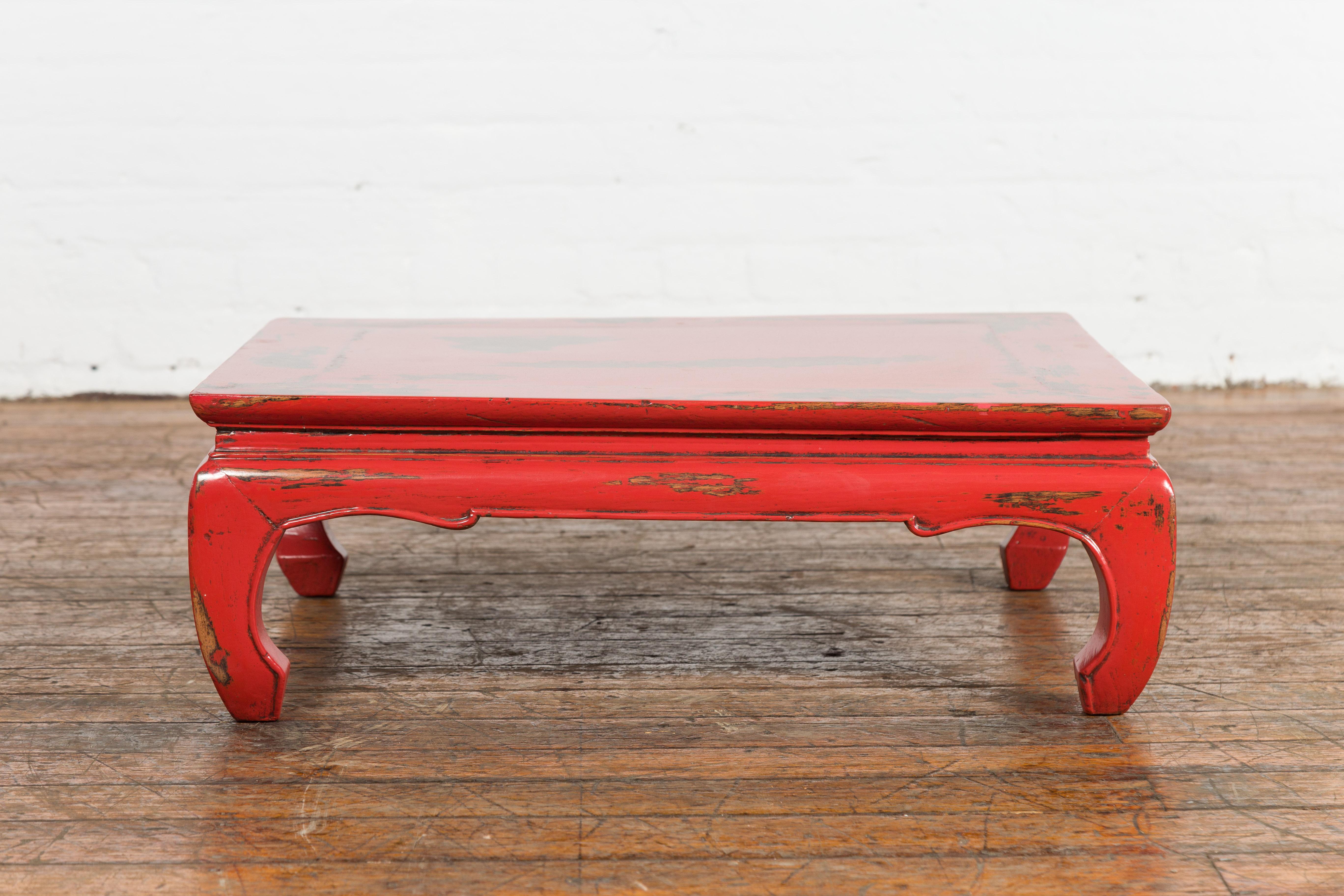 Carved Chinese Qing Dynasty Low Kang Table with Custom Red Distressed Lacquer For Sale