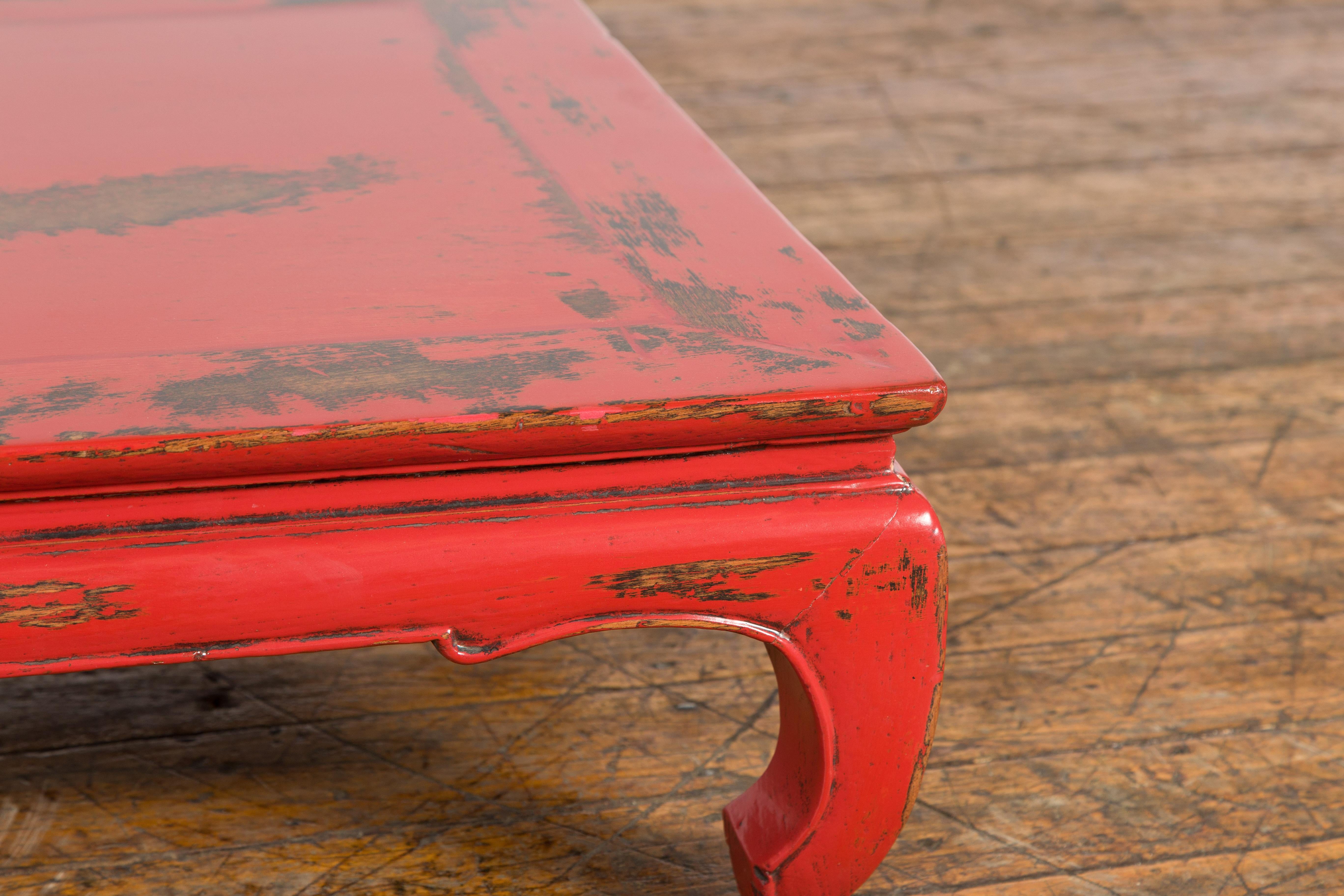 19th Century Chinese Qing Dynasty Low Kang Table with Custom Red Distressed Lacquer For Sale